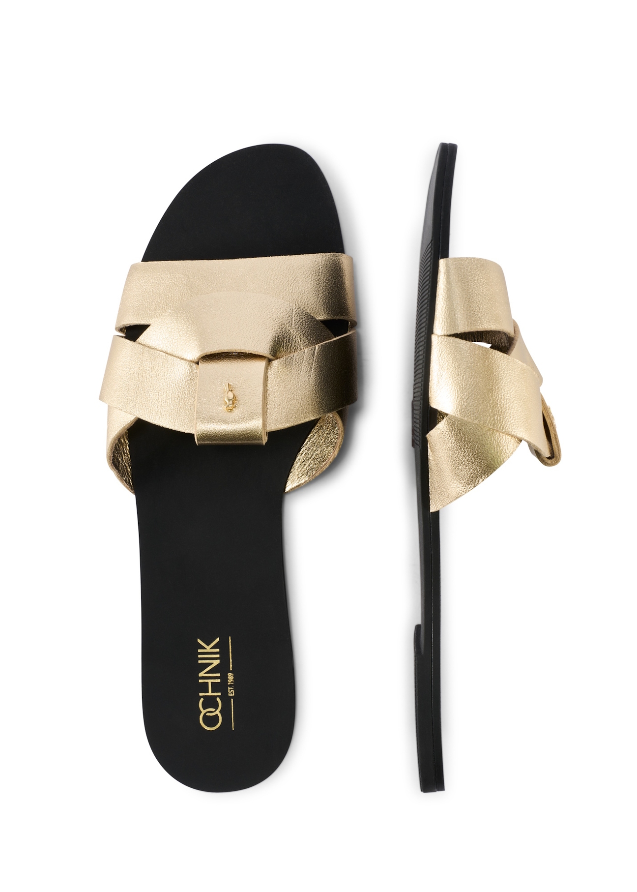 Dámske zlaté žabky s vrkočom BUTYD-0903C-2X(W26), pohľad na produkt zhora na bielom pozadí.