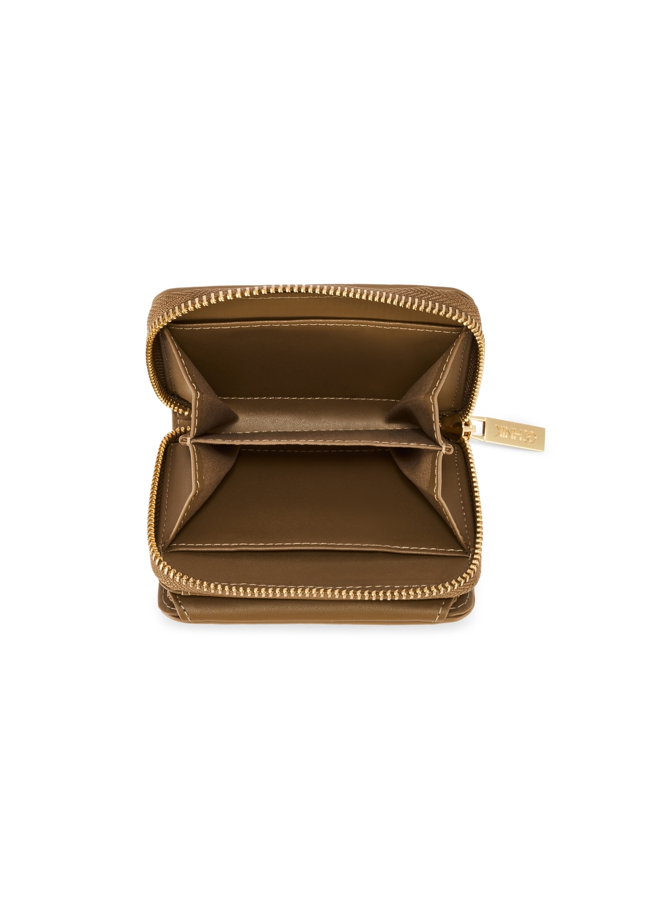 Malá béžová dámska peňaženka s monogramom POREC-0349A-81(Z25), pohľad na produkt zhora na bielom pozadí.