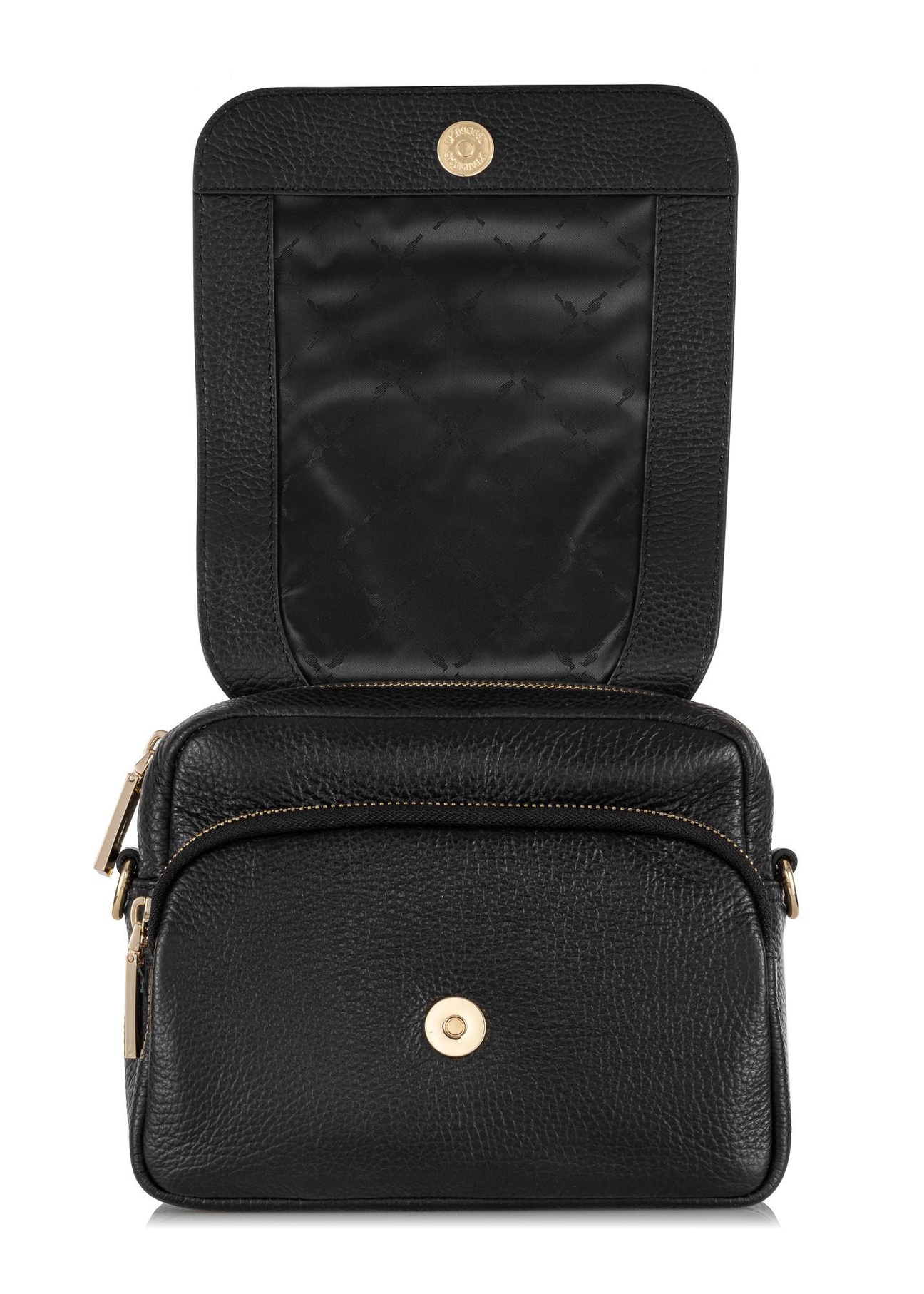 Čierna malá kožená dámska kabelka TORES-0958E-9I(W26), pohľad spredu na bielom pozadí.