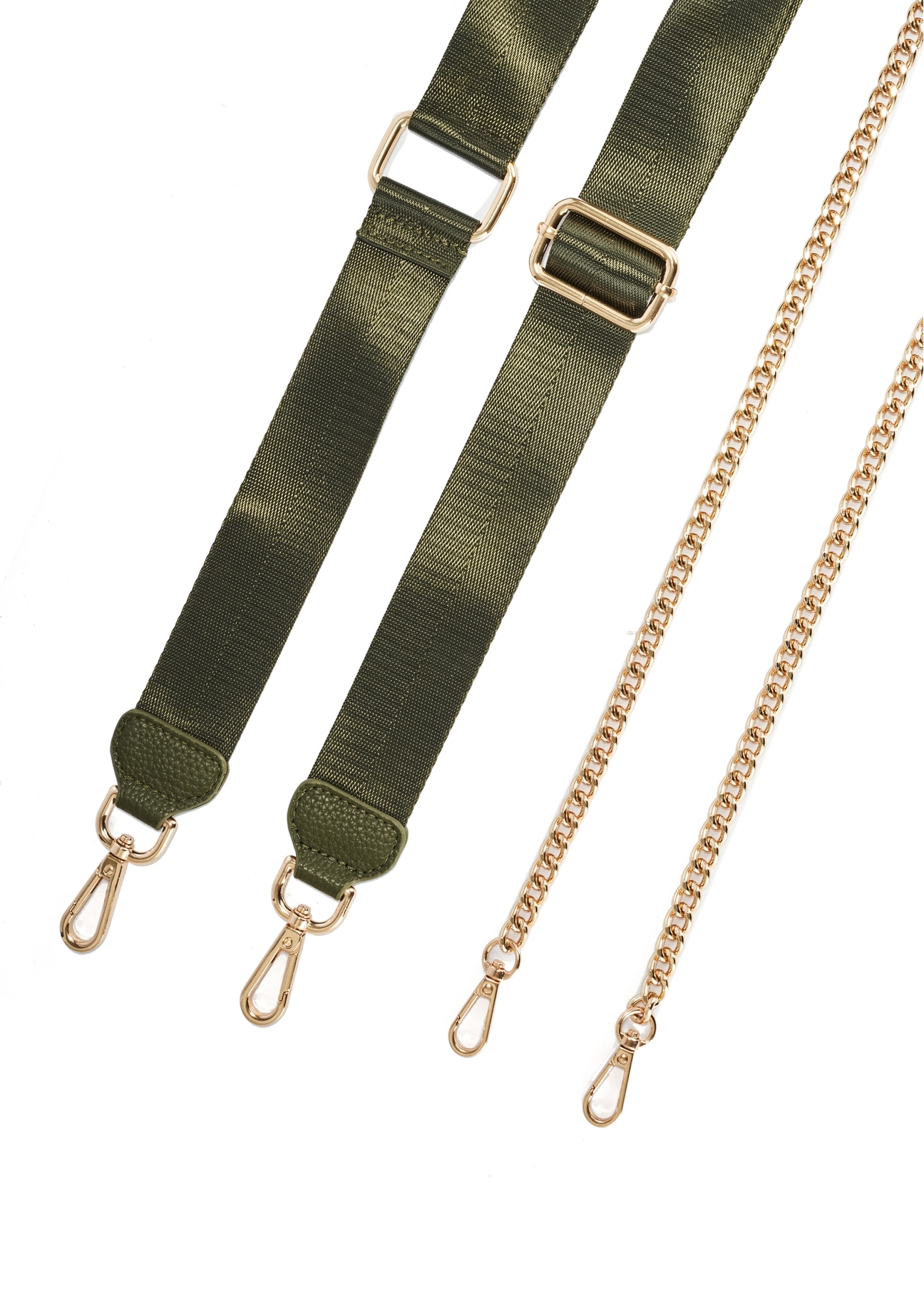 Malá dámska khaki kabelka TOREC-0036E-55(Z25), pohľad na vymeniteľné popruhy produktu na bielom pozadí.