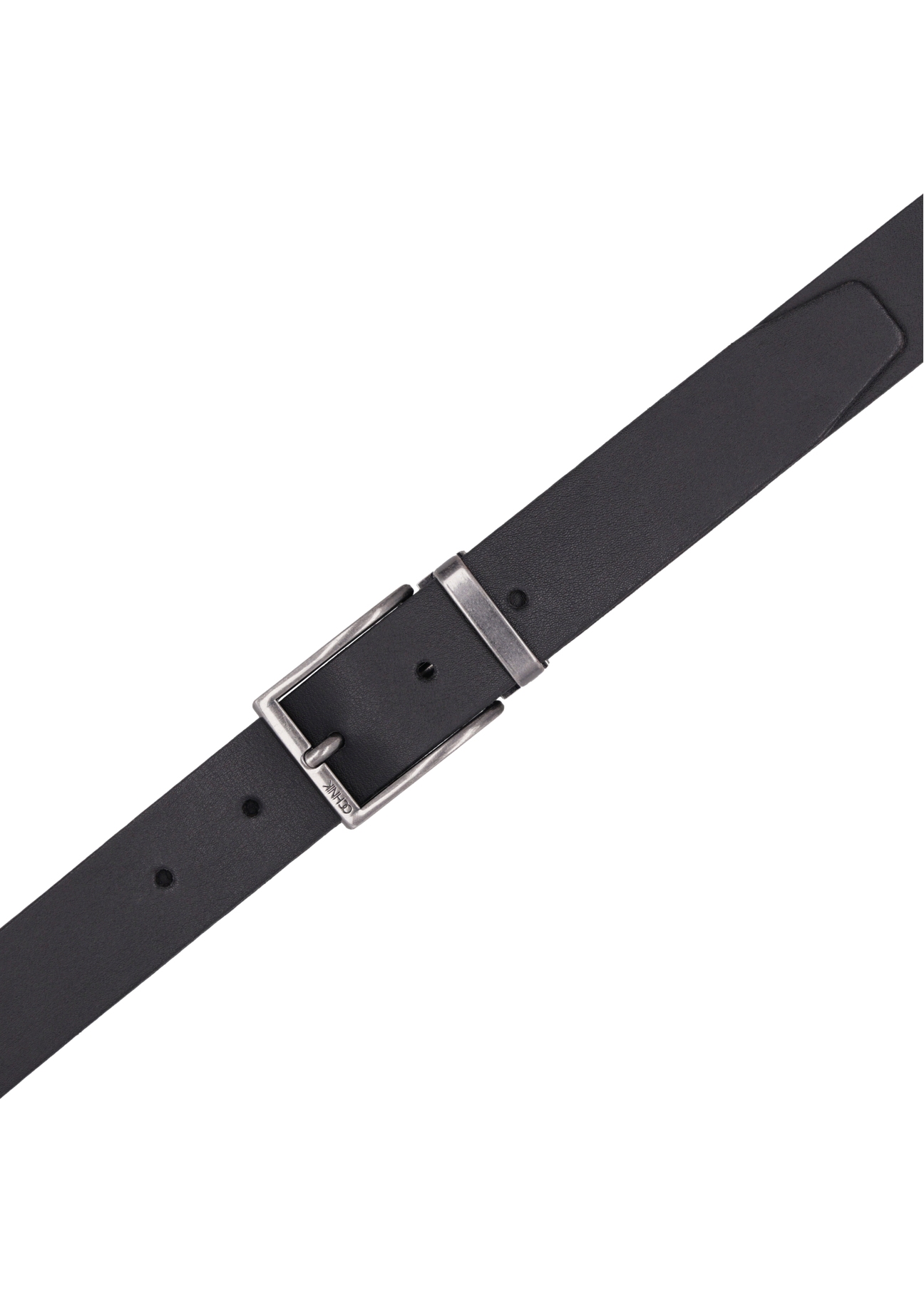 Pánsky čierny kožený opasok PASMS-0289-99(Z26), pohľad zhora na produkt na bielom pozadí.