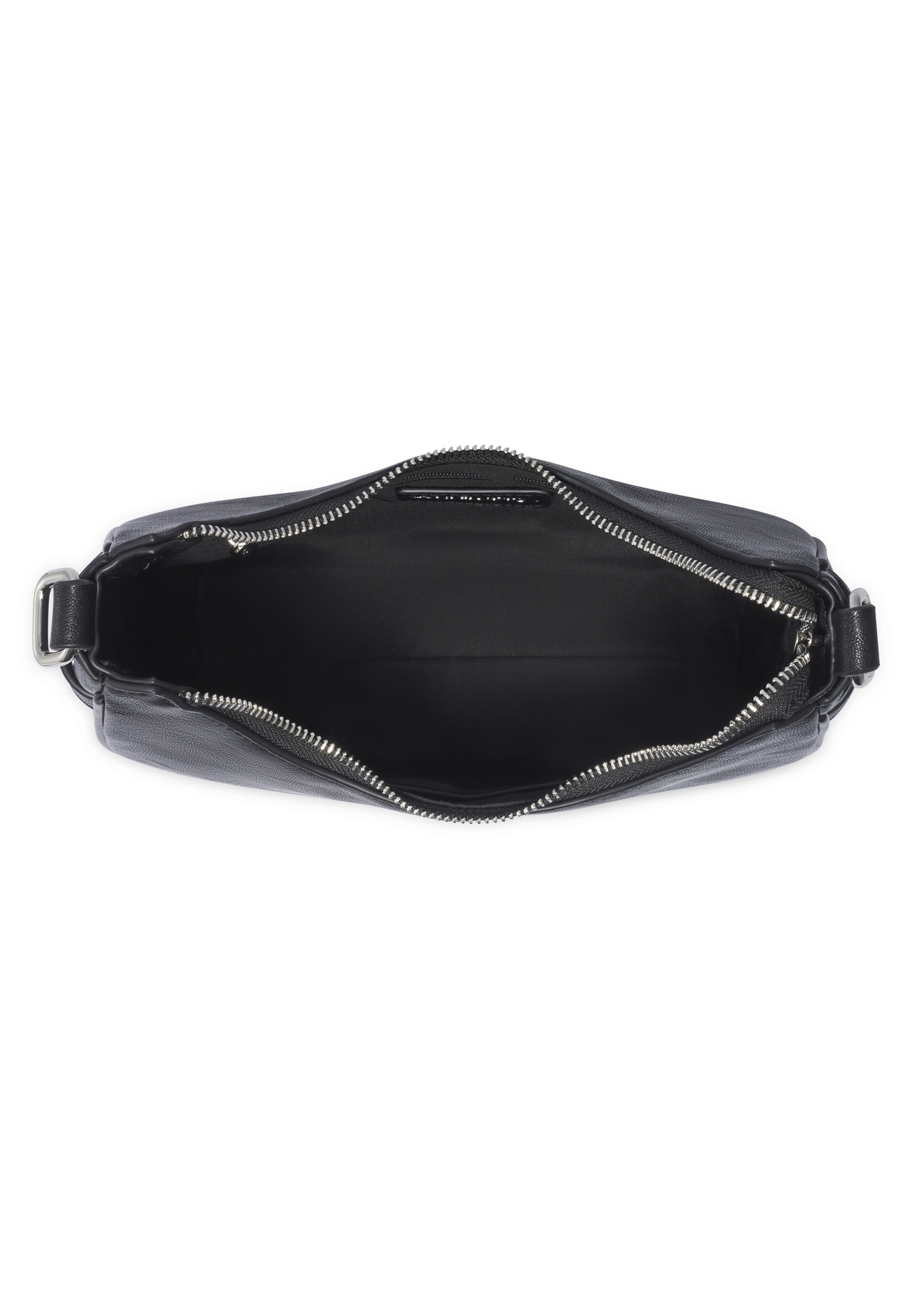 Čierna dámska kabelka hobo s ozdobnými šperkami TOREC-1326-99(Z26), pohľad na produkt vo vnútri na svetlom pozadí.