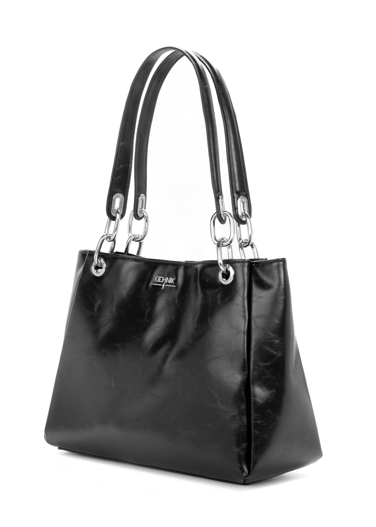 Čierna veľká dámska kabelka TOREC-0998-9F(W26), diagonálny pohľad na produkt na bielom pozadí.