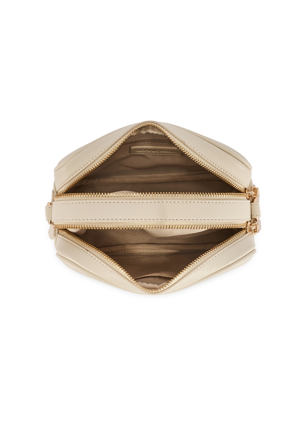 Dámska kabelka strednej veľkosti krémovej farby TOREC-1121-0B(W26), pohľad zhora na produkt na bielom pozadí.