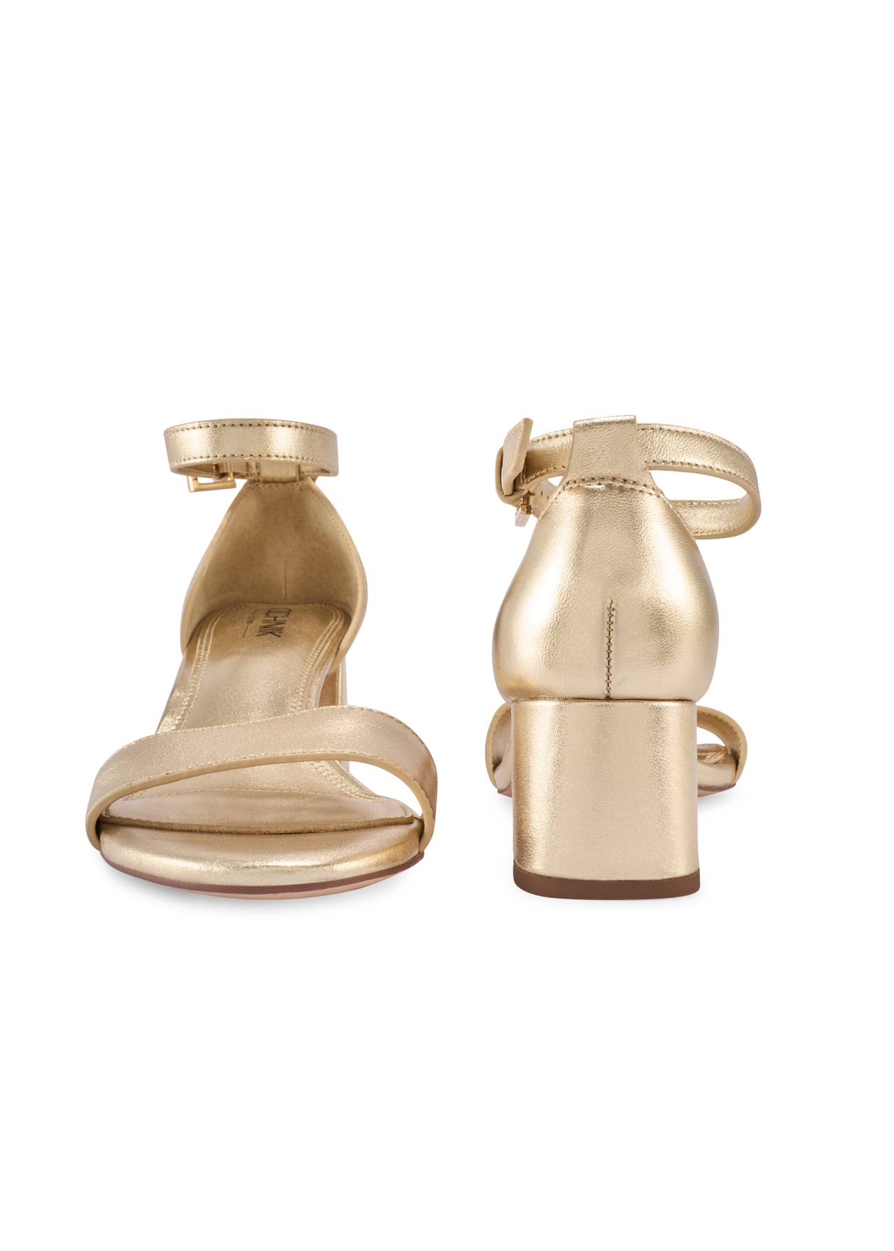 Dámske kožené sandále zlatej farby BUTYD-1179-2X(W26), pohľad na produkt spredu a zozadu na bielom pozadí.
