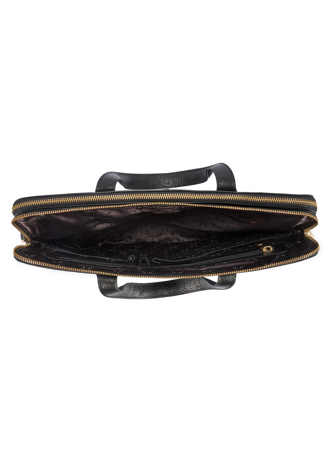 Čierna kožená taška na notebook TORES-1070A-99(W26), pohľad na produkt vo vnútri na bielom pozadí.