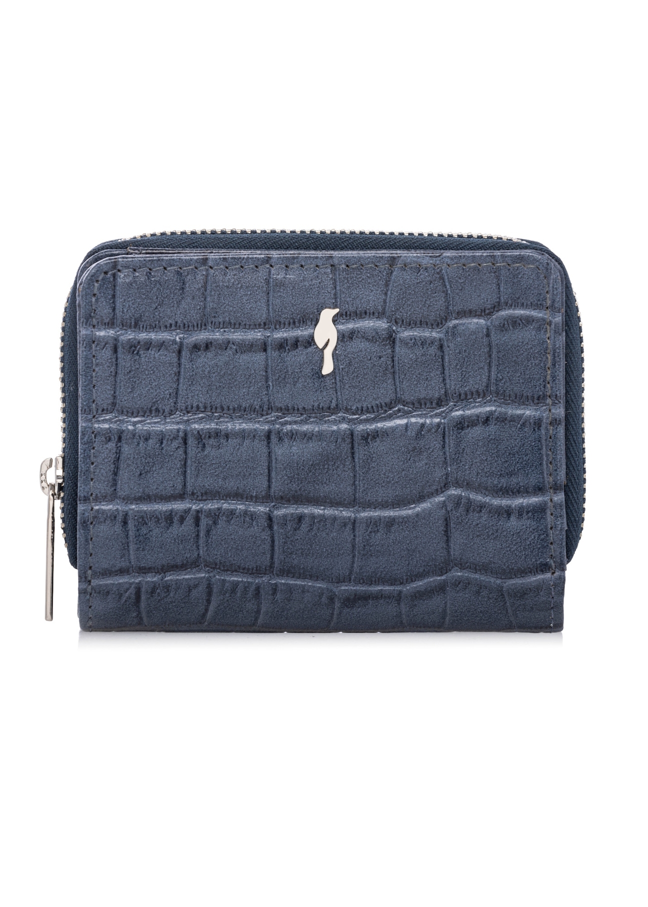 Dámska tmavomodrá peňaženka s krokodílím vzorom PORES-0888-7D(W26), pohľad spredu na bielom pozadí.
