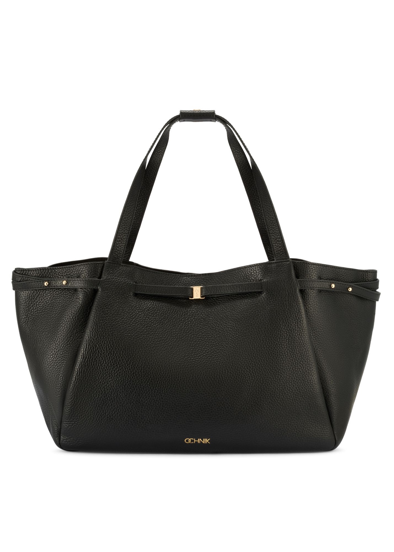 Čierna kožená nákupná taška TORES-1207-9I(W26) - pohľad spredu na produkt, na bielom pozadí.