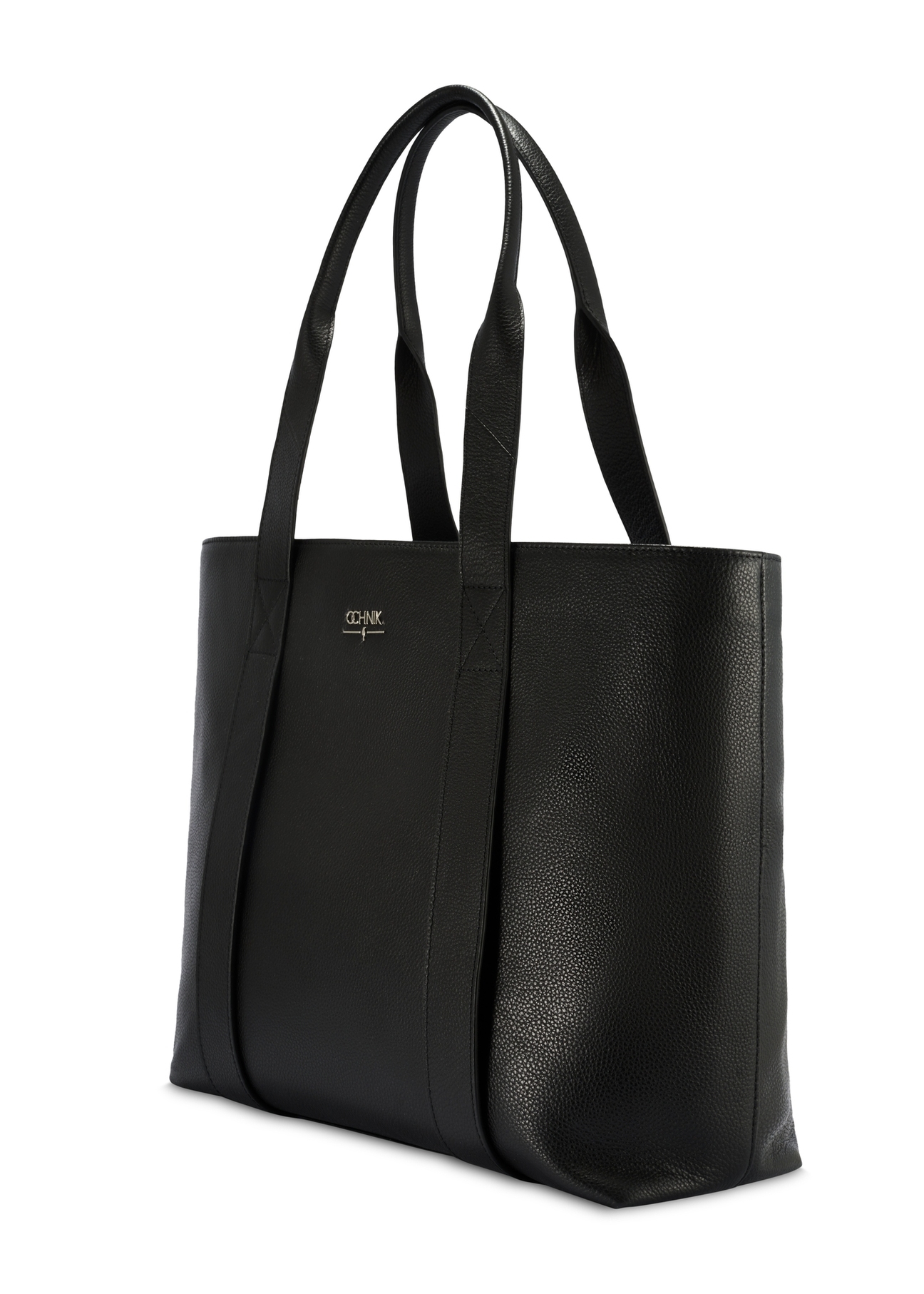 Čierna elegantná dámska nákupná taška TORES-1200-99(Z25), diagonálny pohľad na produkt na bielom pozadí.