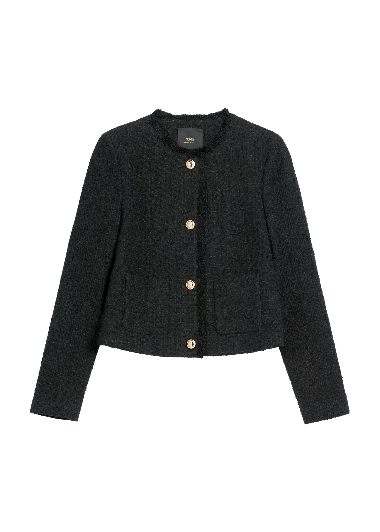 Čierna krátka dámska bunda ZAKDT-0041-99(W26), pohľad spredu na bielom pozadí.