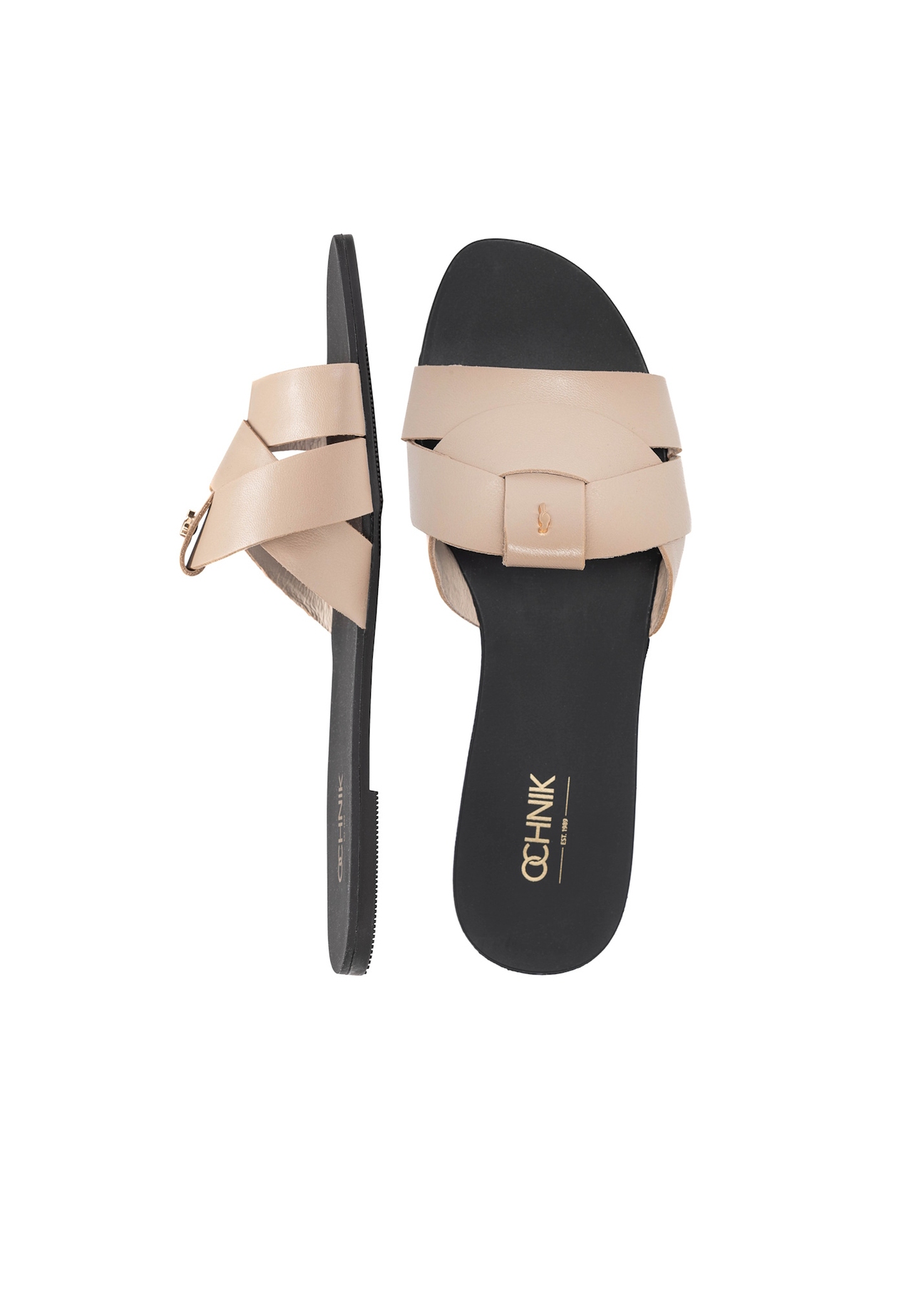 Béžové dámske žabky s vrkočom BUTYD-0903C-1B(W26), pohľad na produkt zhora na bielom pozadí.