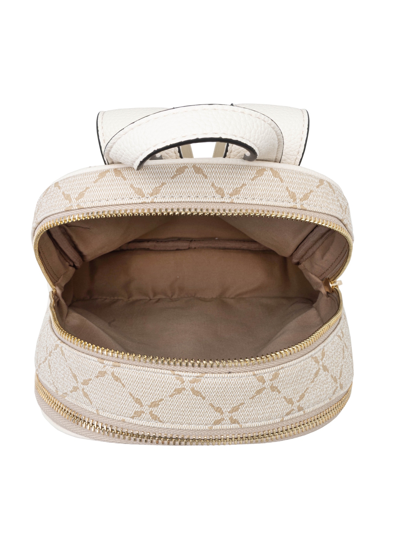 Dámsky batoh krémovej farby s monogramom TOREC-1026-0P(W26), pohľad na produkt vo vnútri na bielom pozadí.