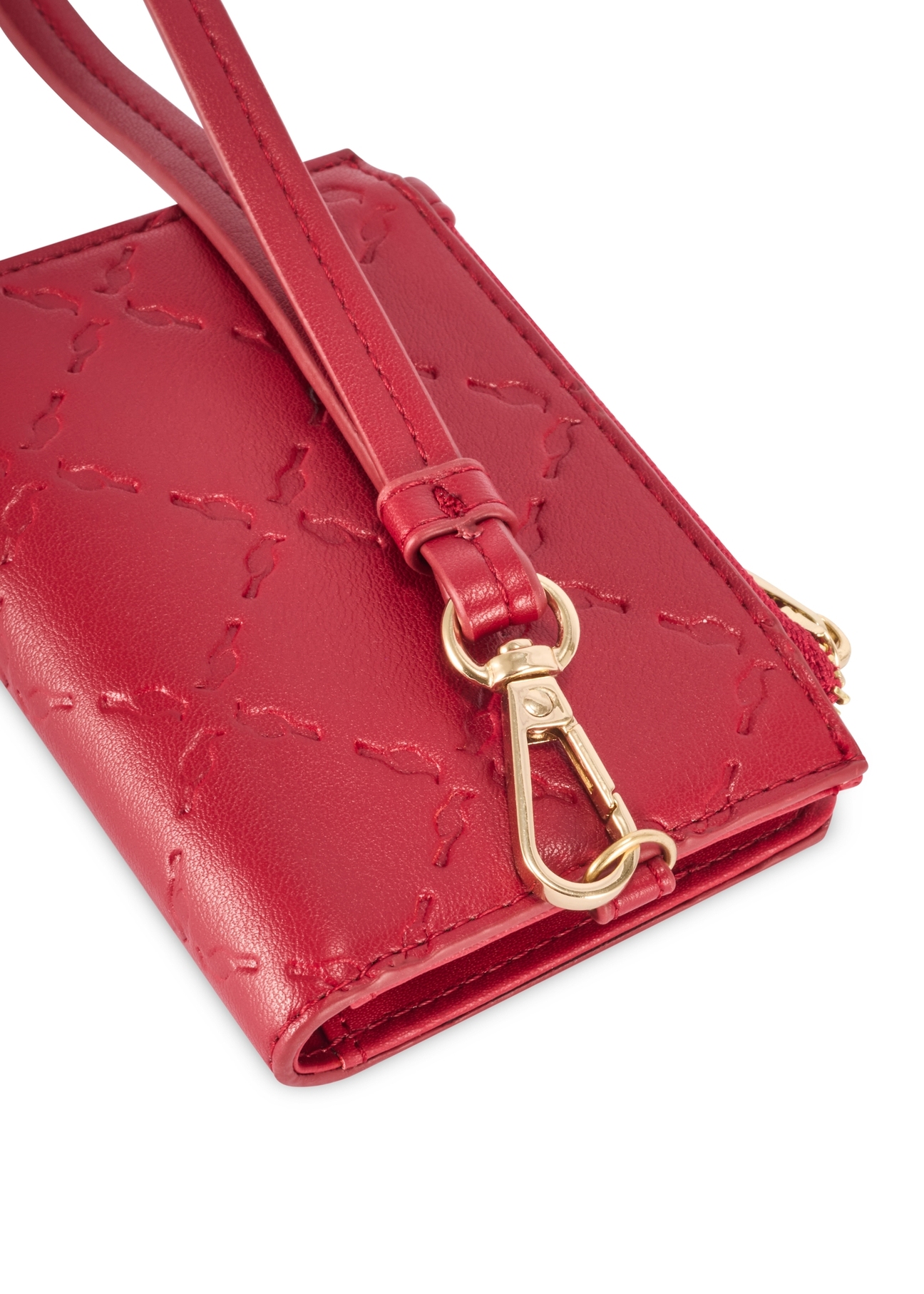 Červená malá dámska peňaženka s rúčkou POREC-0407-4B(W26) - detailný záber, na bielom pozadí.