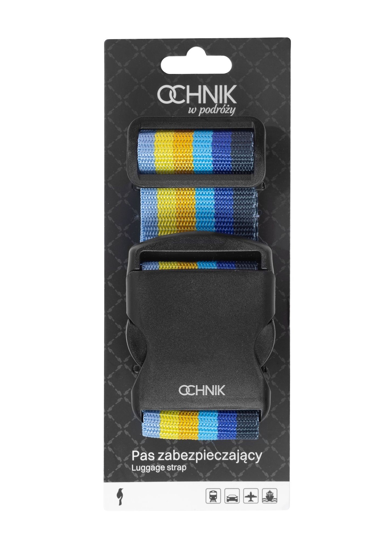 Batožinový pás AW-011-0001-61(W25), pohľad na produkt s obalom vpredu na bielom pozadí.