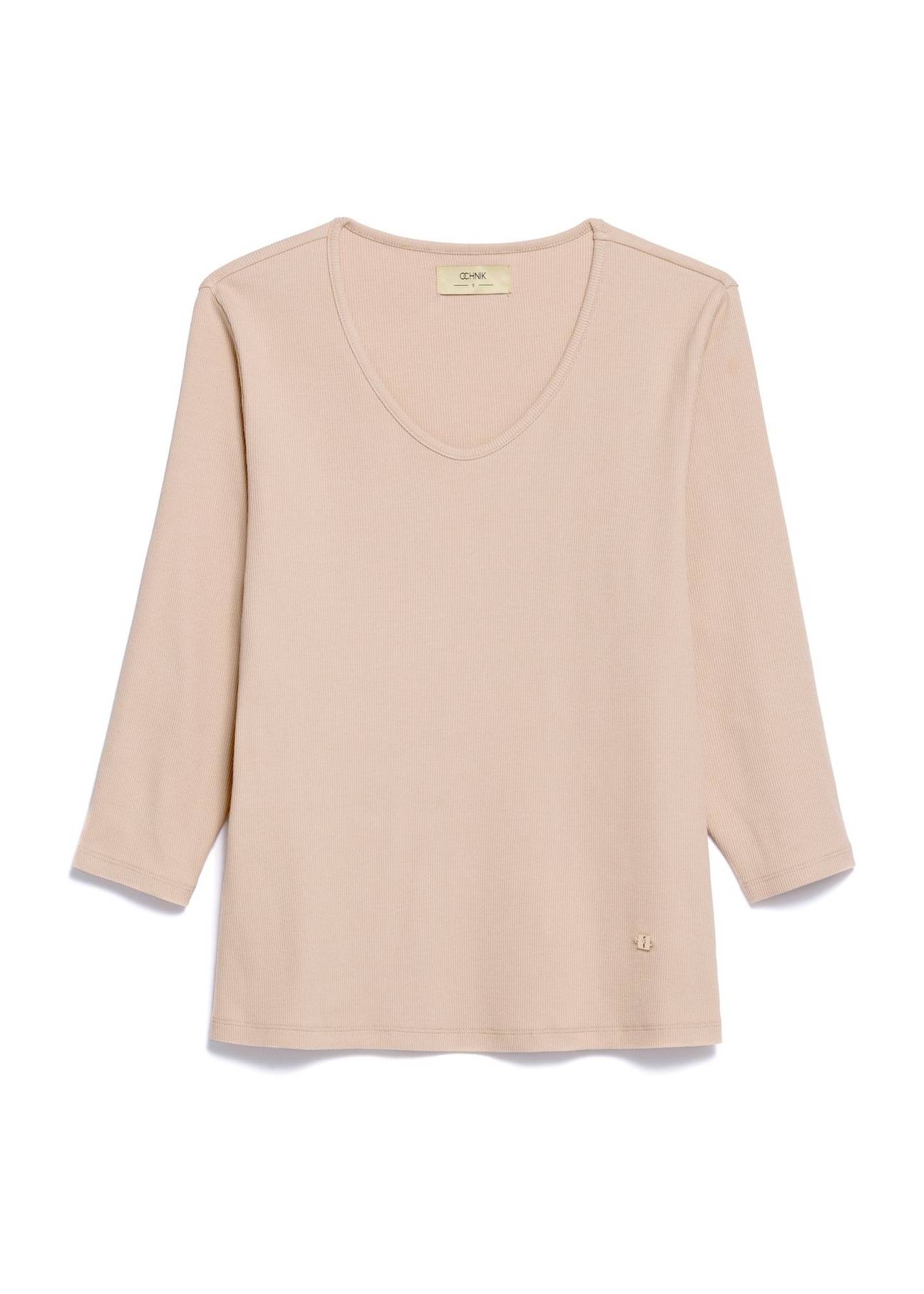 Dámska béžová blúzka s výstrihom do V LSLDT-0036-1A(W26) - pohľad spredu na produkt, na bielom pozadí.