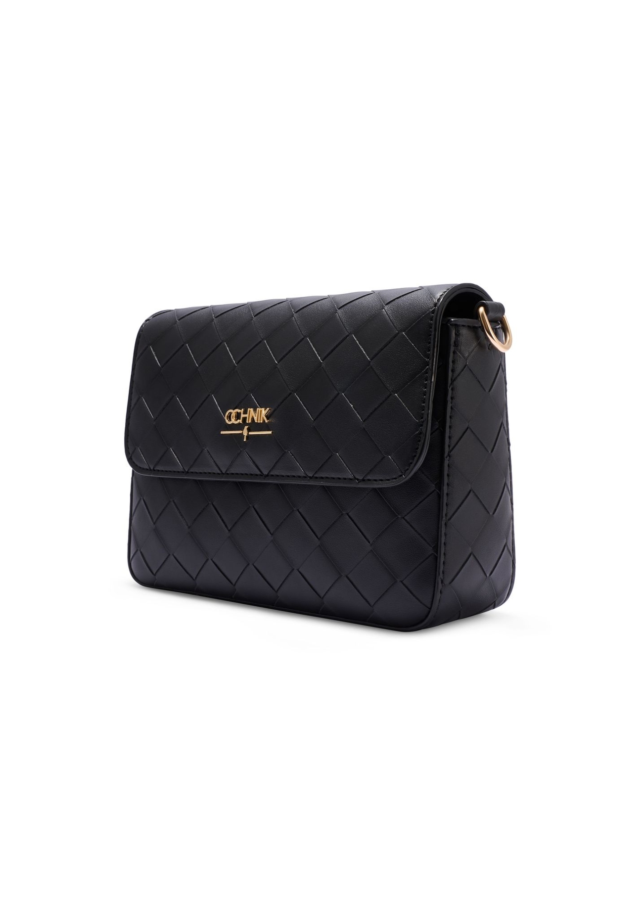 Čierna tkaná dámska kabelka TOREC-0767-9P(W26) - diagonálny pohľad na produkt, na bielom pozadí.