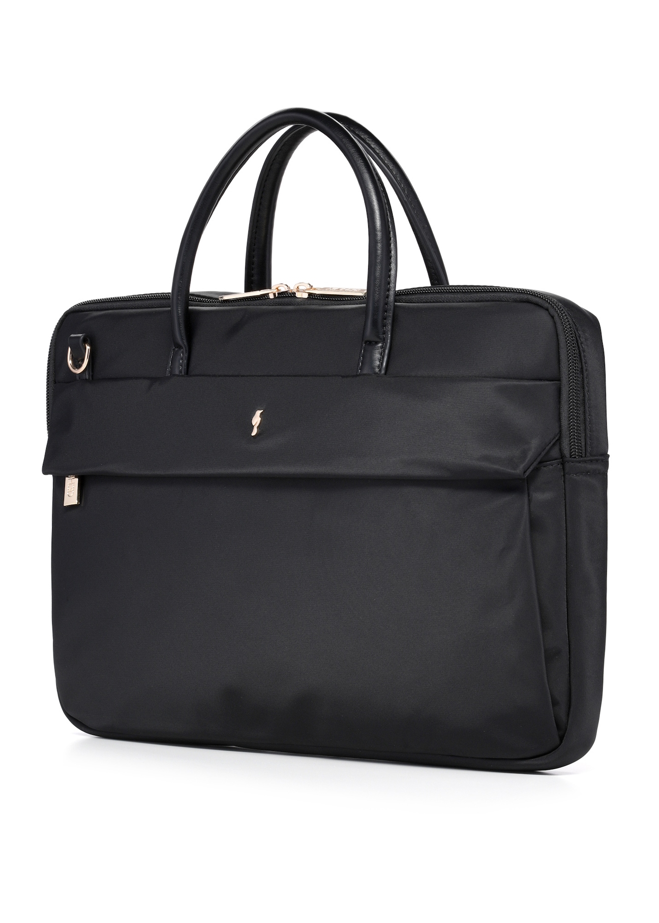 Čierna dámska taška na notebook TOREN-0344-99(W26), diagonálny pohľad na produkt na bielom pozadí.