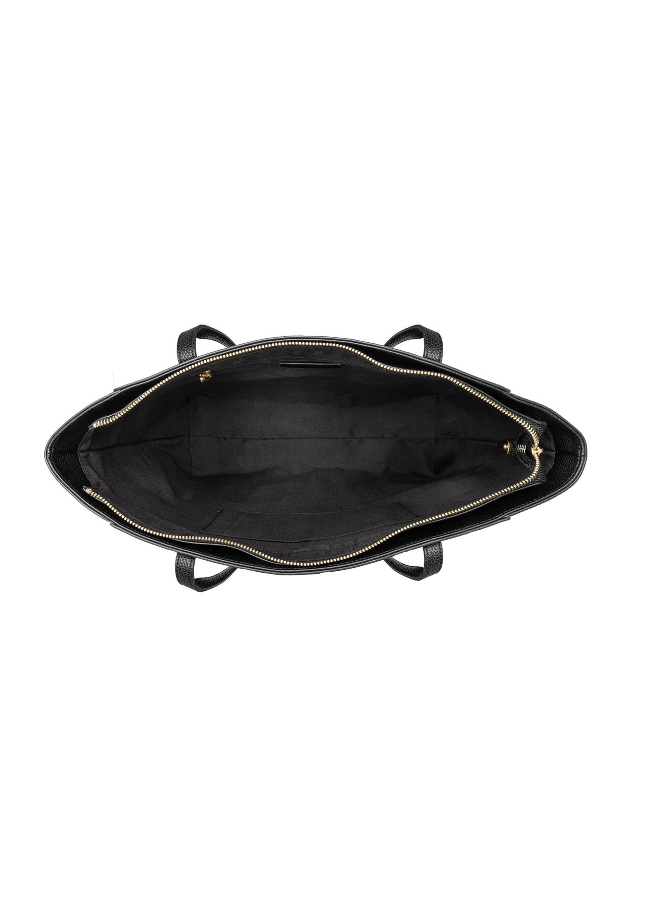 Čierna nákupná taška s monogramom TOREC-1160-9P(W26) - pohľad na produkt zhora, na bielom pozadí.