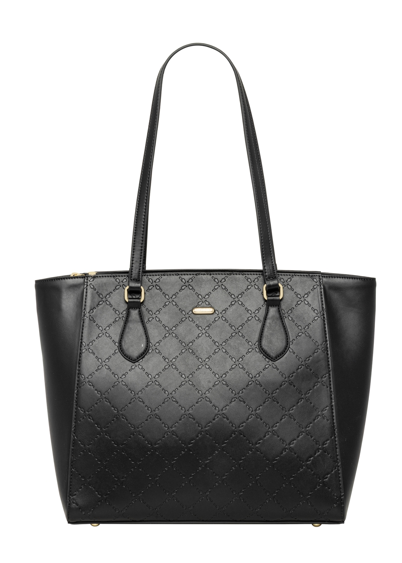 Čierna dámska nákupná taška s monogramom TOREC-1291-9P(Z26), pohľad na produkt spredu na bielom pozadí.