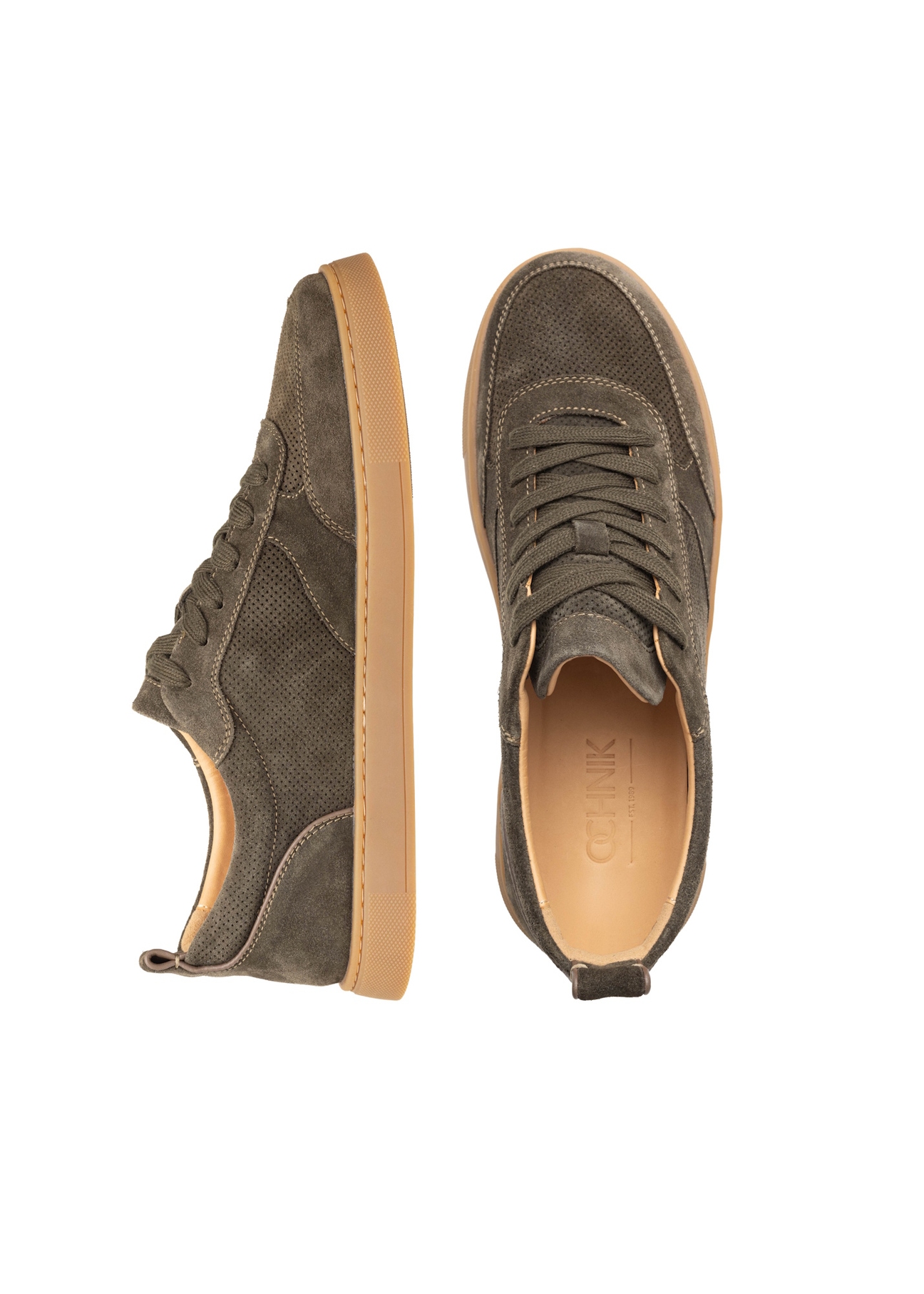 Kožené športové topánky khaki BUTYM-0528-8D(W26), pohľad zhora na produkt na bielom pozadí.