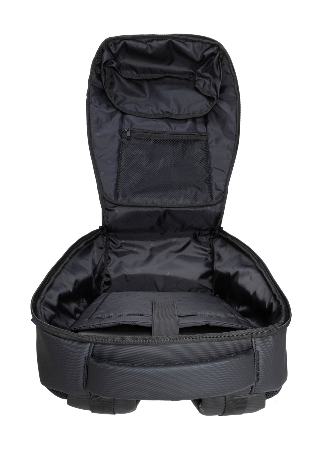 Čierny pánsky cestovný batoh TORMN-0392-9J(W26), pohľad na produkt vo vnútri na bielom pozadí.