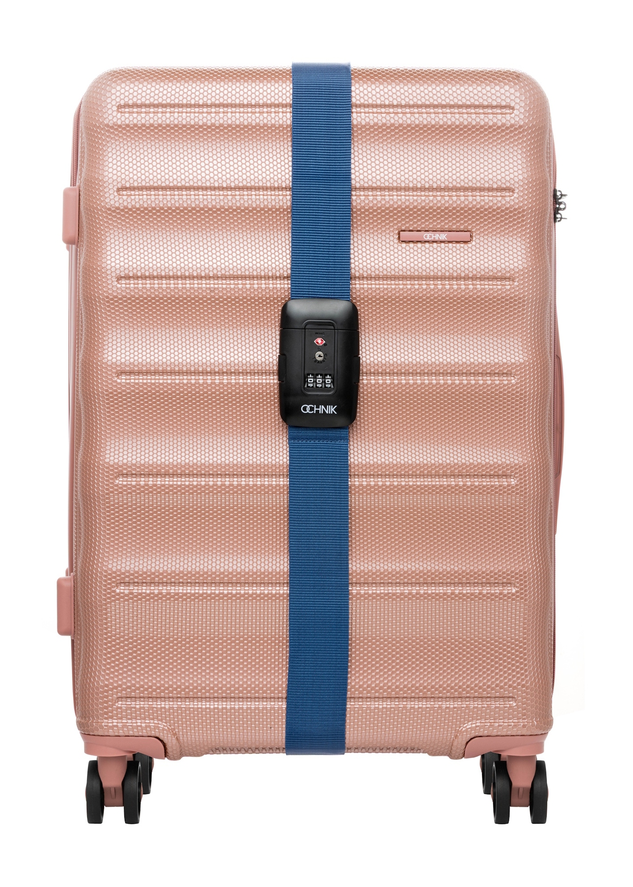 Tmavomodrý opasok na batožinu AW-011-004-7D(W26), pohľad spredu na kufor.