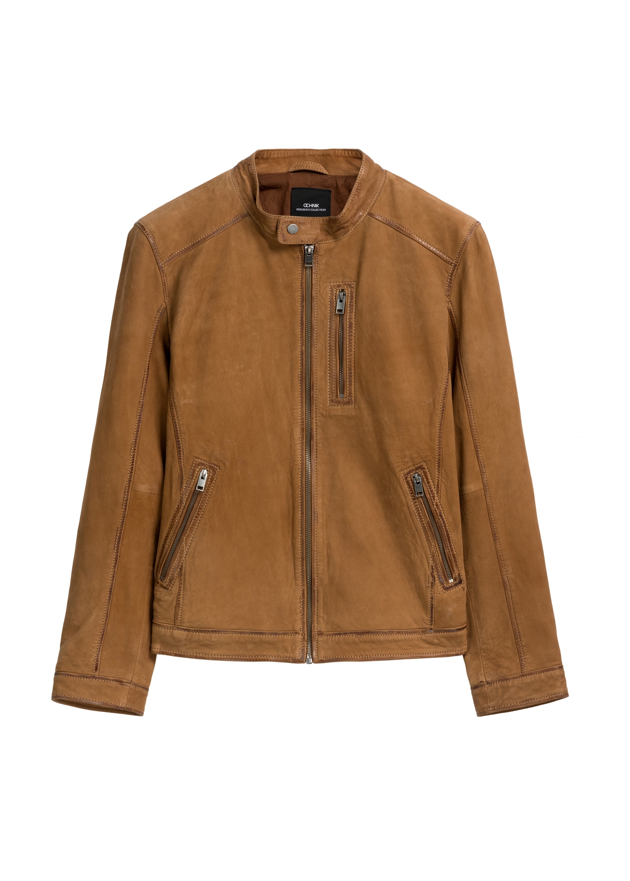 Pánska tmavobéžová semišová bunda KURMS-0398-1C(W26), pohľad spredu na bielom pozadí.