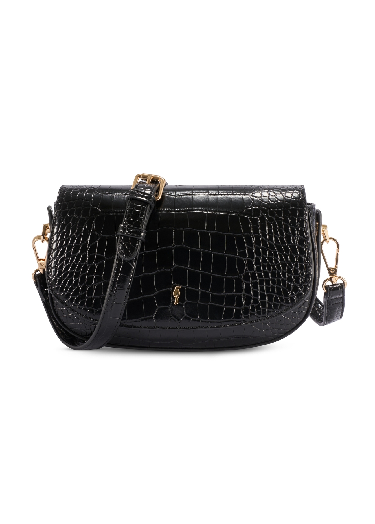 Malá čierna dámska kabelka cez rameno z krokodílej kože TOREC-1185-9G(W26), pohľad spredu na bielom pozadí.
