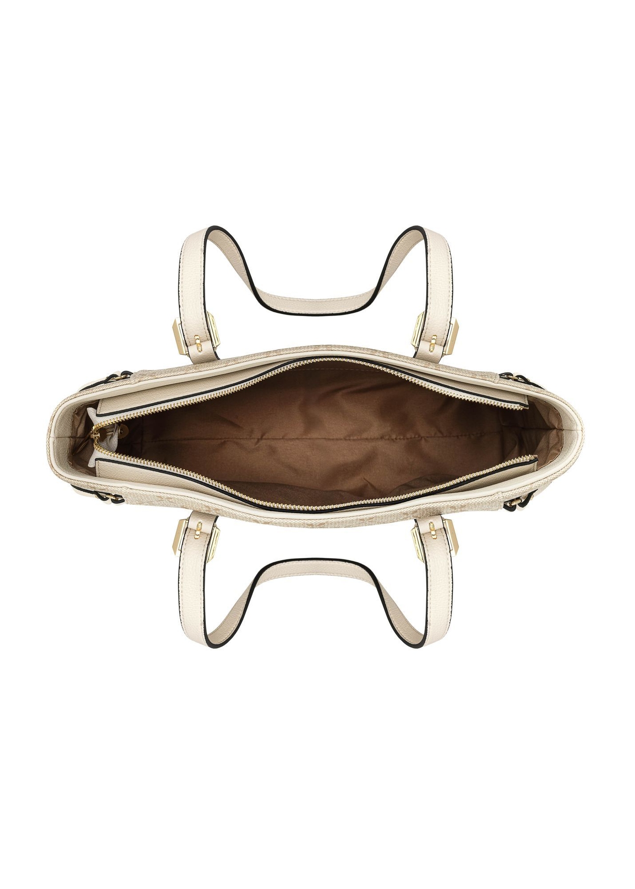 Krémová monogramová nákupná taška TOREC-1029-0P(W26) - pohľad zhora na produkt na bielom pozadí.