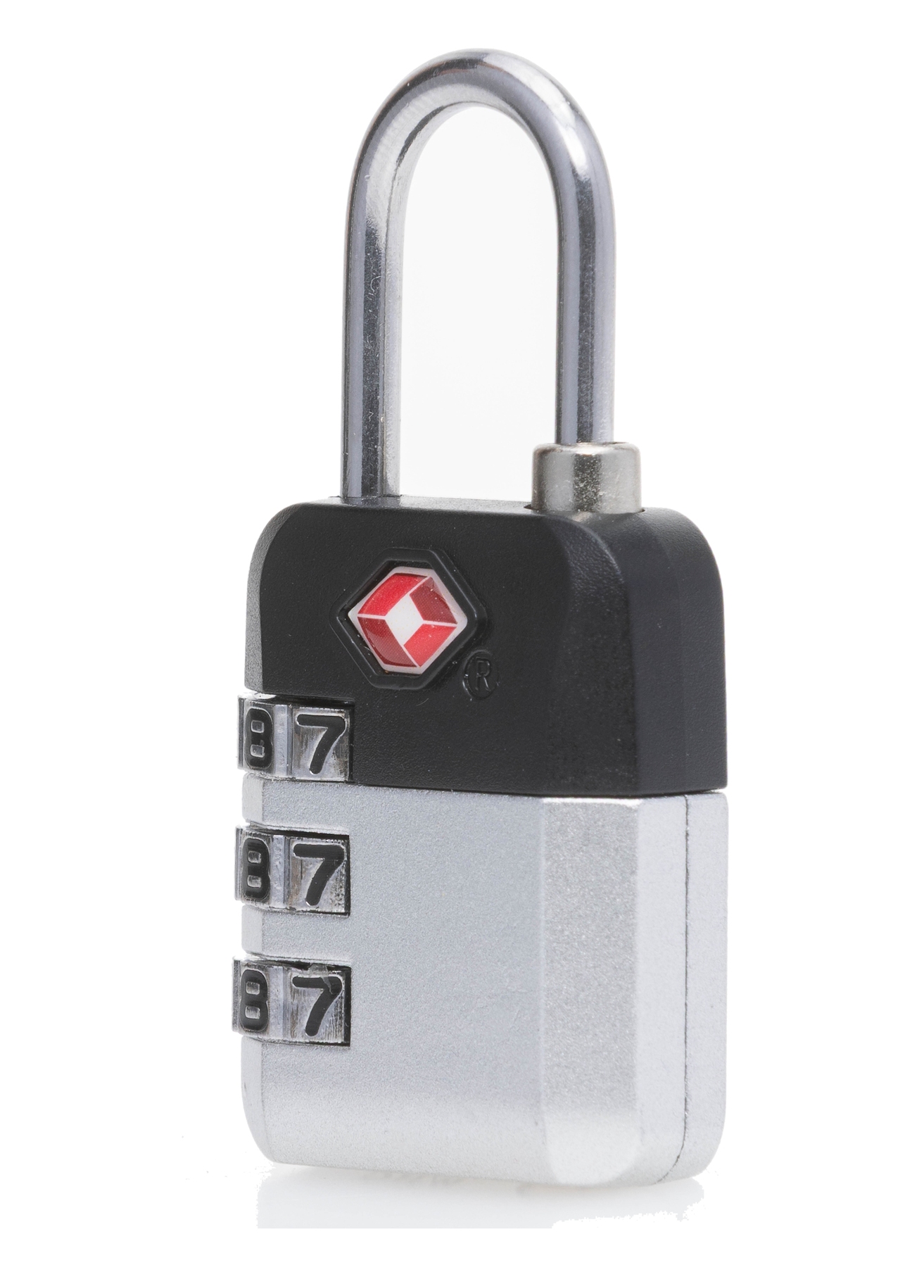 Strieborný kombinovaný zámok TSA AW-015-0004-92(W25), diagonálny pohľad na produkt na bielom pozadí.