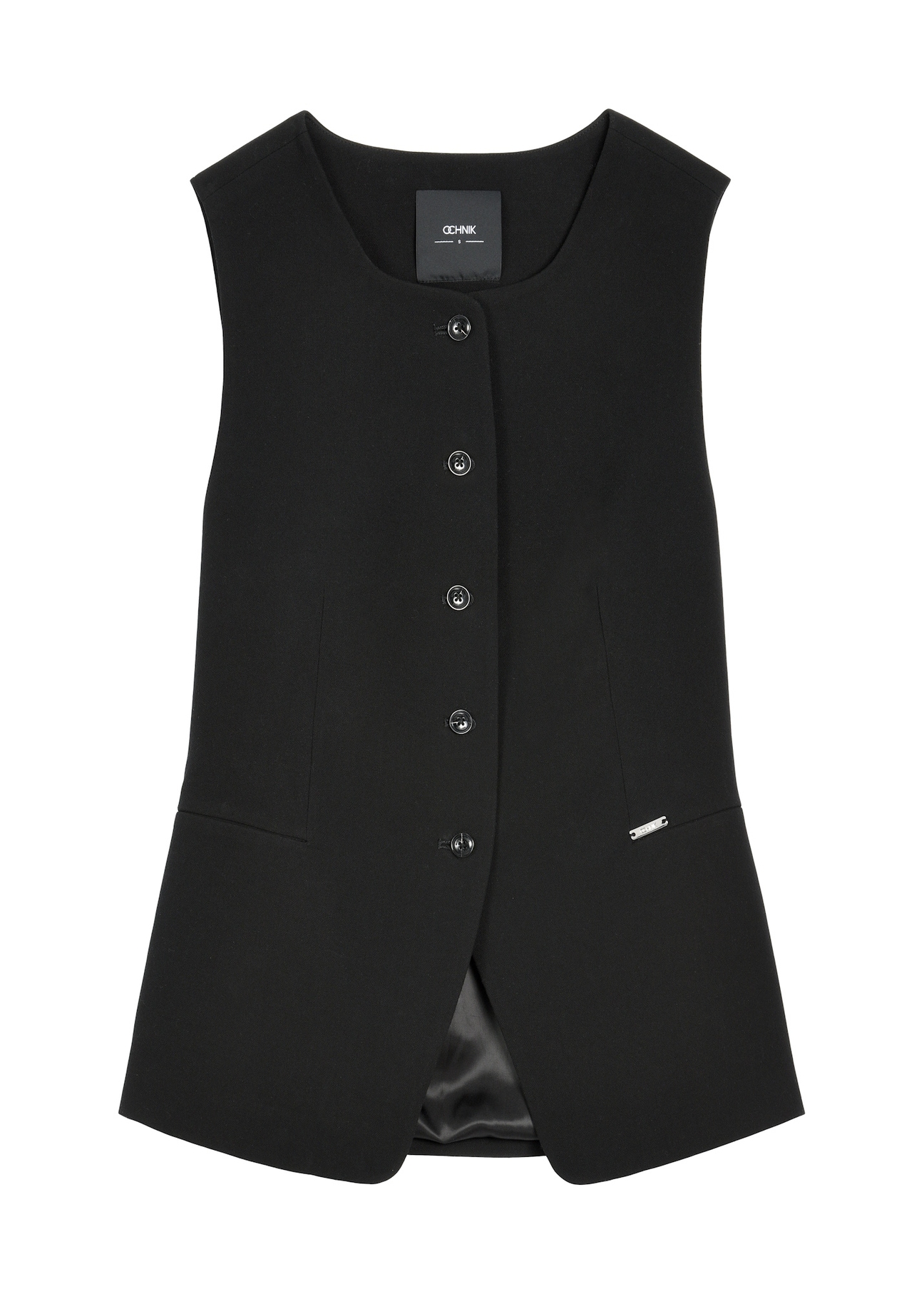 Čierna elegantná dámska vesta KAMDT-0040-99(Z26) - pohľad spredu na produkt, na bielom pozadí.