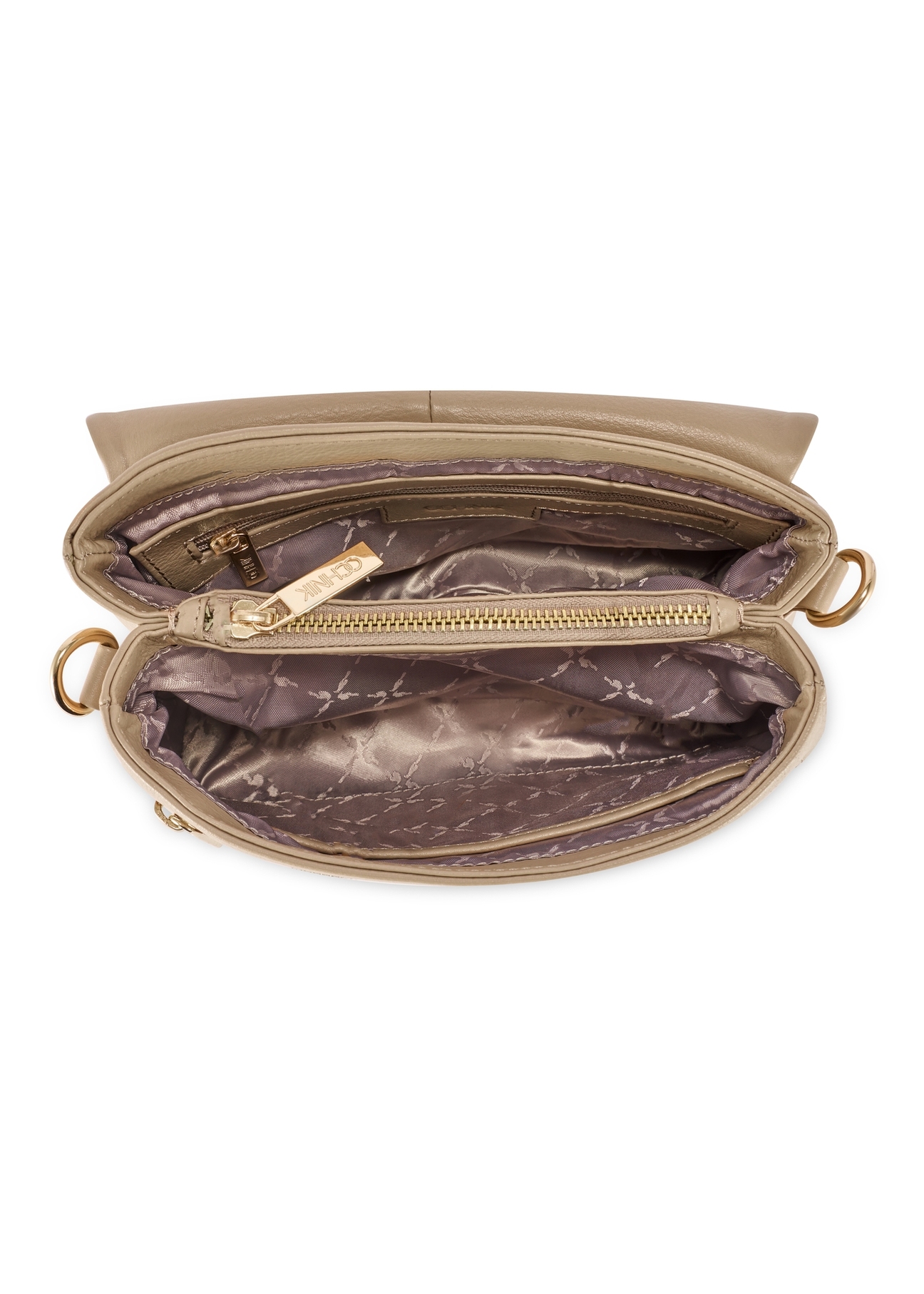 Dámska kožená kabelka béžovej farby TORES-0911F-1B(W26) - pohľad na produkt zhora, na bielom pozadí.