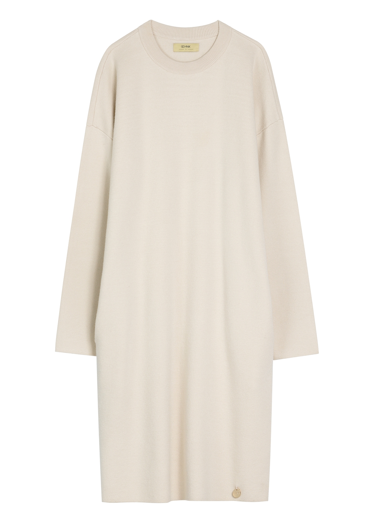 Béžové dámske šaty SUKDT-0260-1A(W26) - pohľad spredu na produkt, na bielom pozadí.