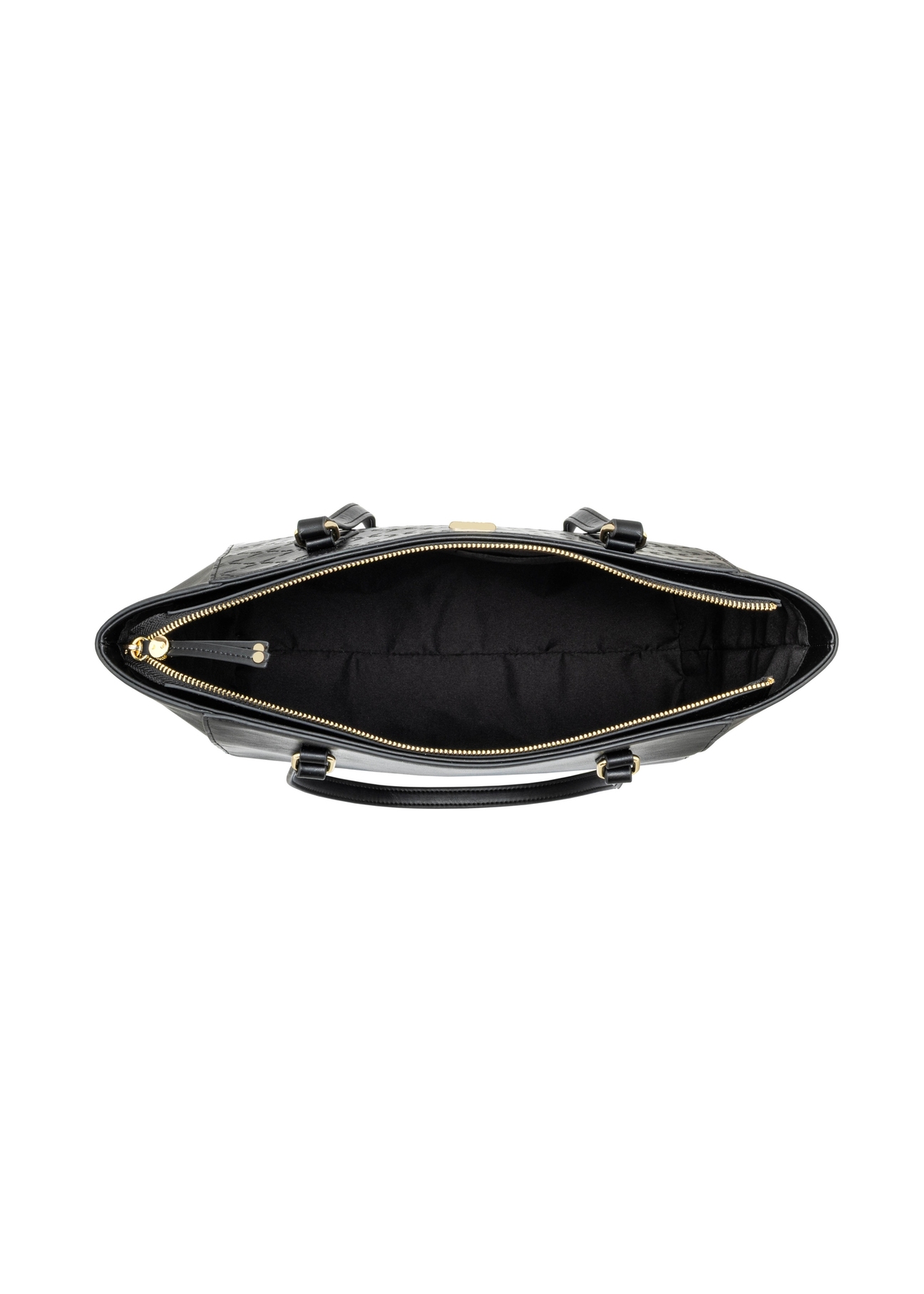 Čierna dámska nákupná taška s monogramom TOREC-1291-9P(Z26), pohľad na produkt zhora na bielom pozadí.