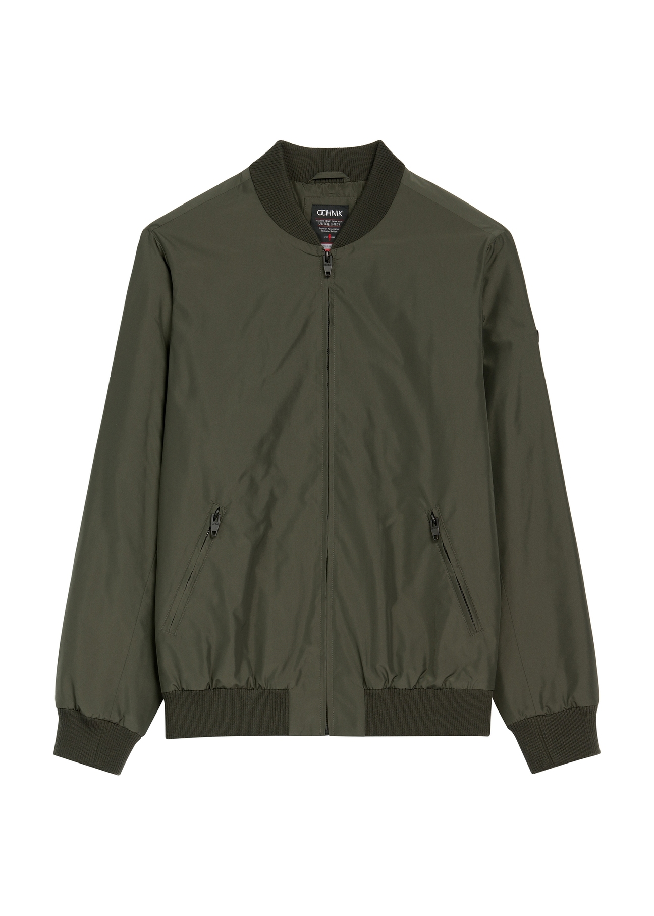 Pánska khaki bomber bunda KURMT-0413-8D(W26) - pohľad spredu na produkt, na bielom pozadí.