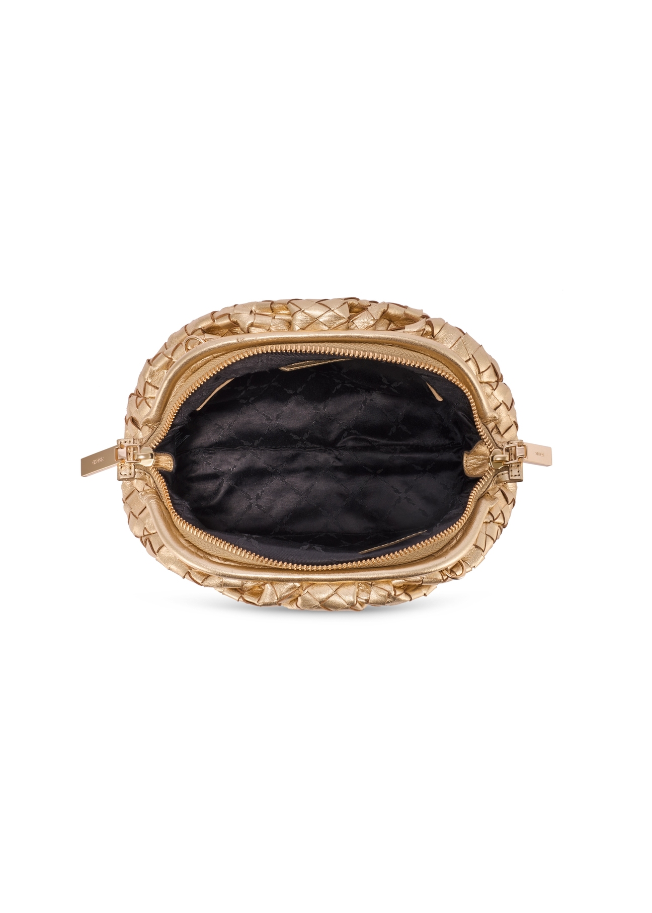 Kožená zlatá pletená dámska kabelka TORES 1291-2X(W26) - pohľad na produkt zhora, na bielom podklade.