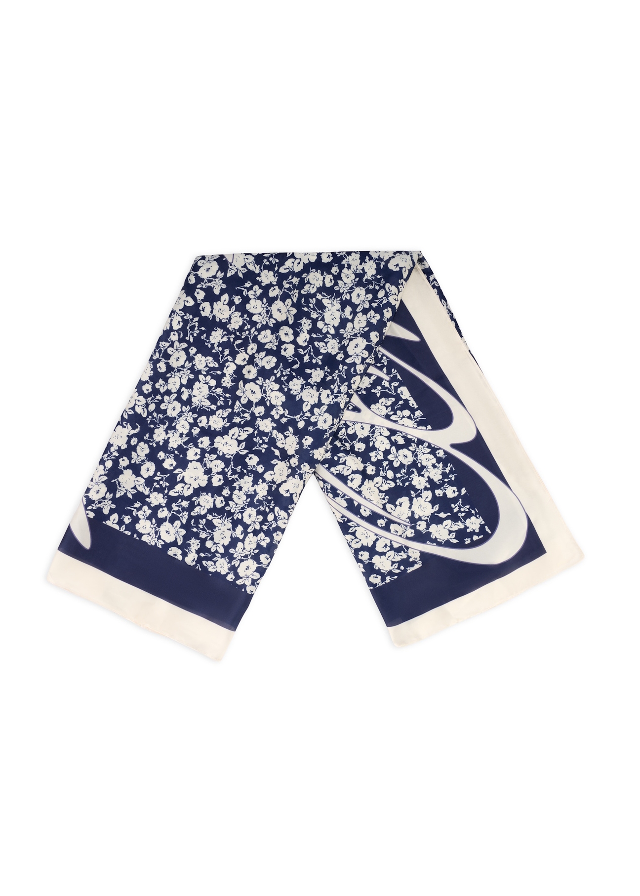 Tmavomodrá dámska šatka s kvetmi SZADT-0191-7P(W26), pohľad na zložený výrobok na bielom pozadí.