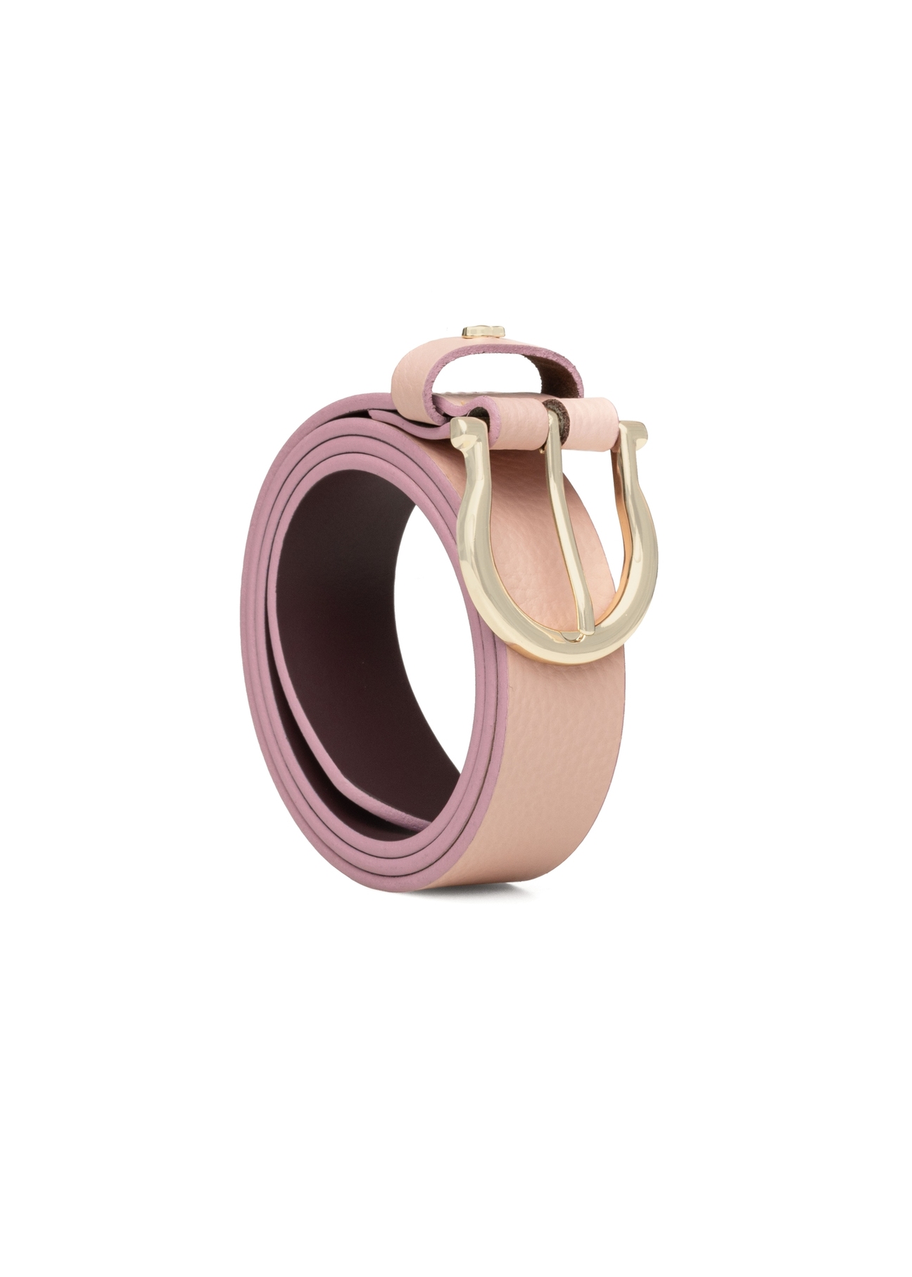 Dámsky kožený opasok ružovej farby PASDS-0274-5B(W26), diagonálny pohľad na produkt na bielom pozadí.