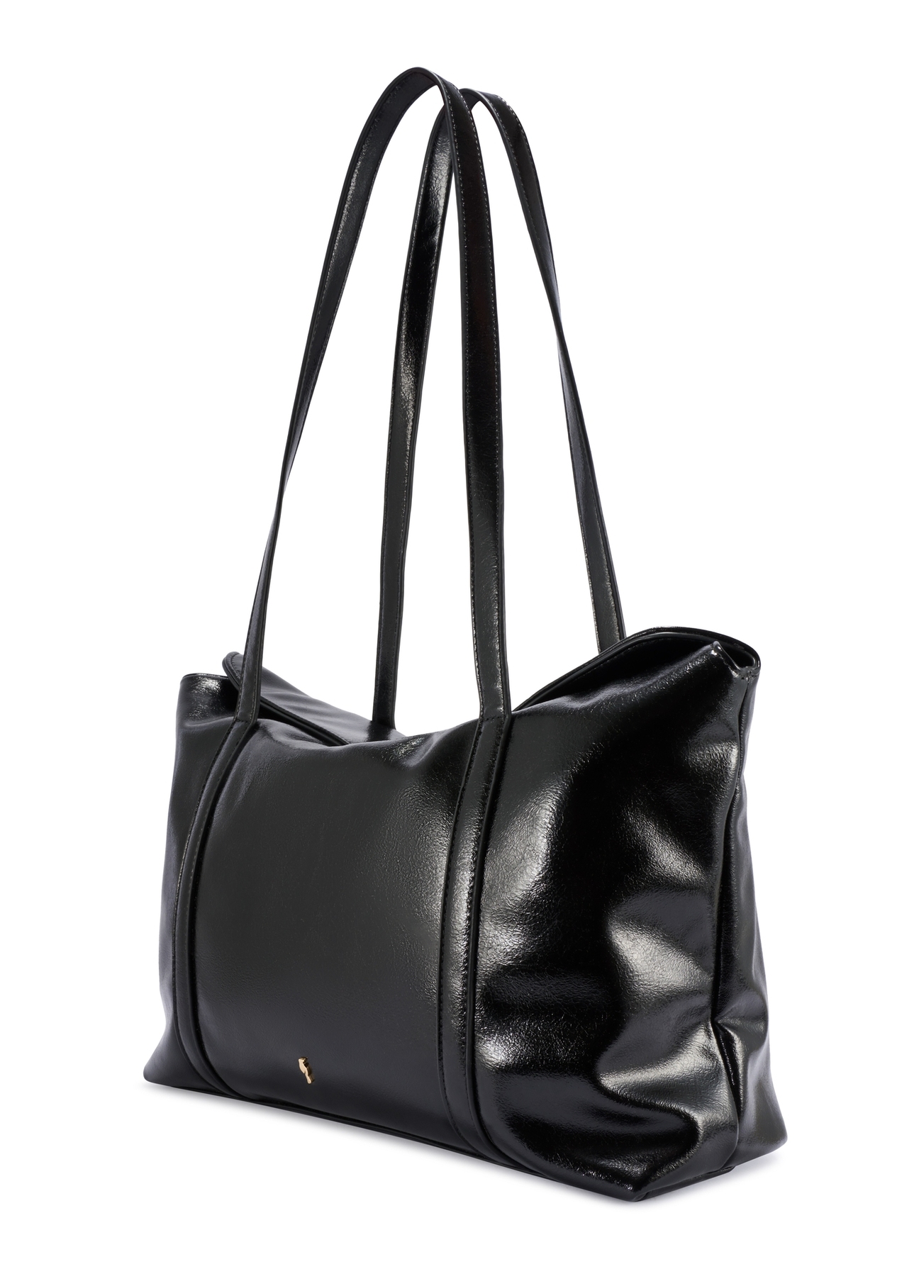 Čierna dámska nákupná taška TOREC-1206-9F(W26) - diagonálny pohľad na produkt, na bielom pozadí.