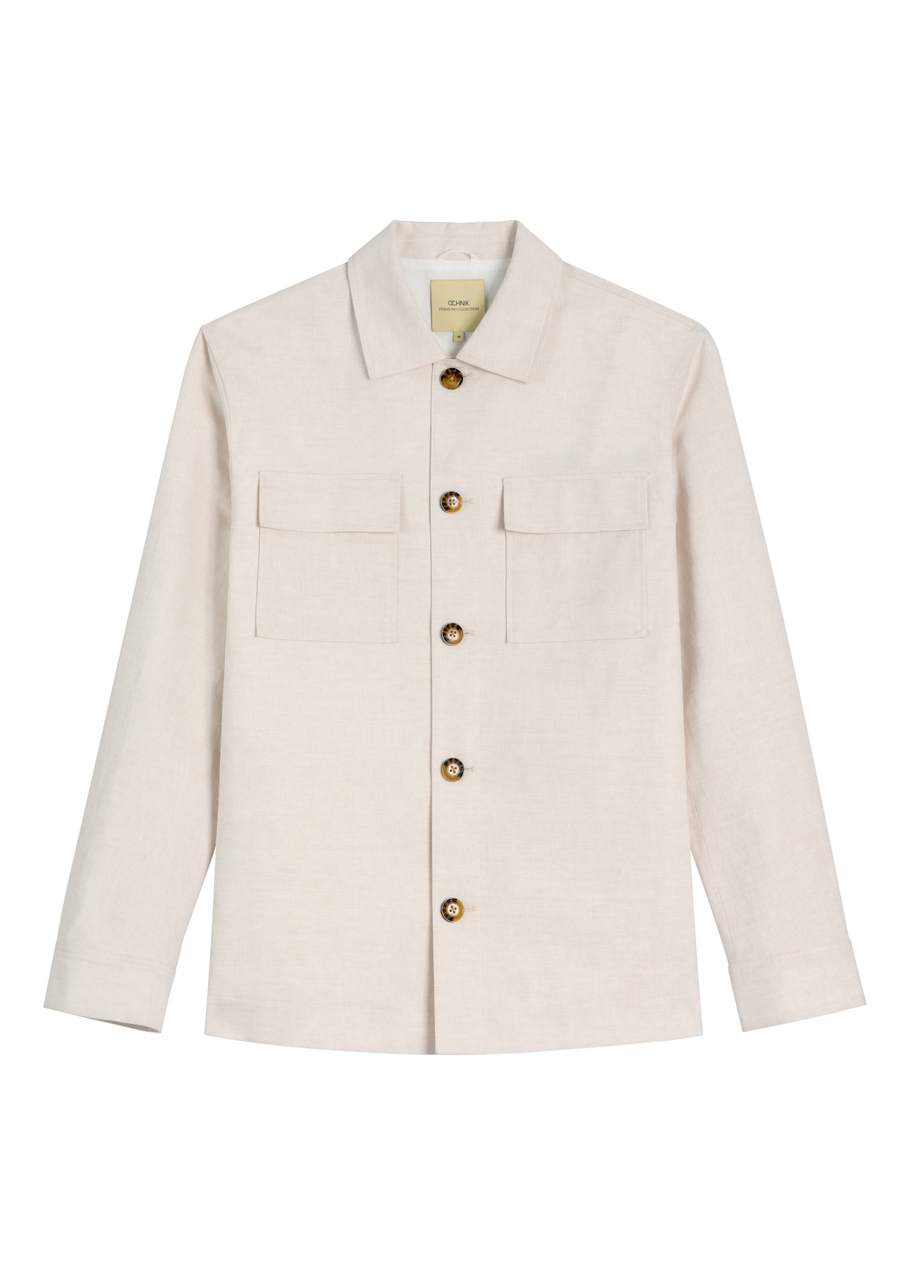 Svetlobéžová pánska ľanová bunda KURMT-0420-1A(W26) - pohľad spredu na produkt, na bielom pozadí.