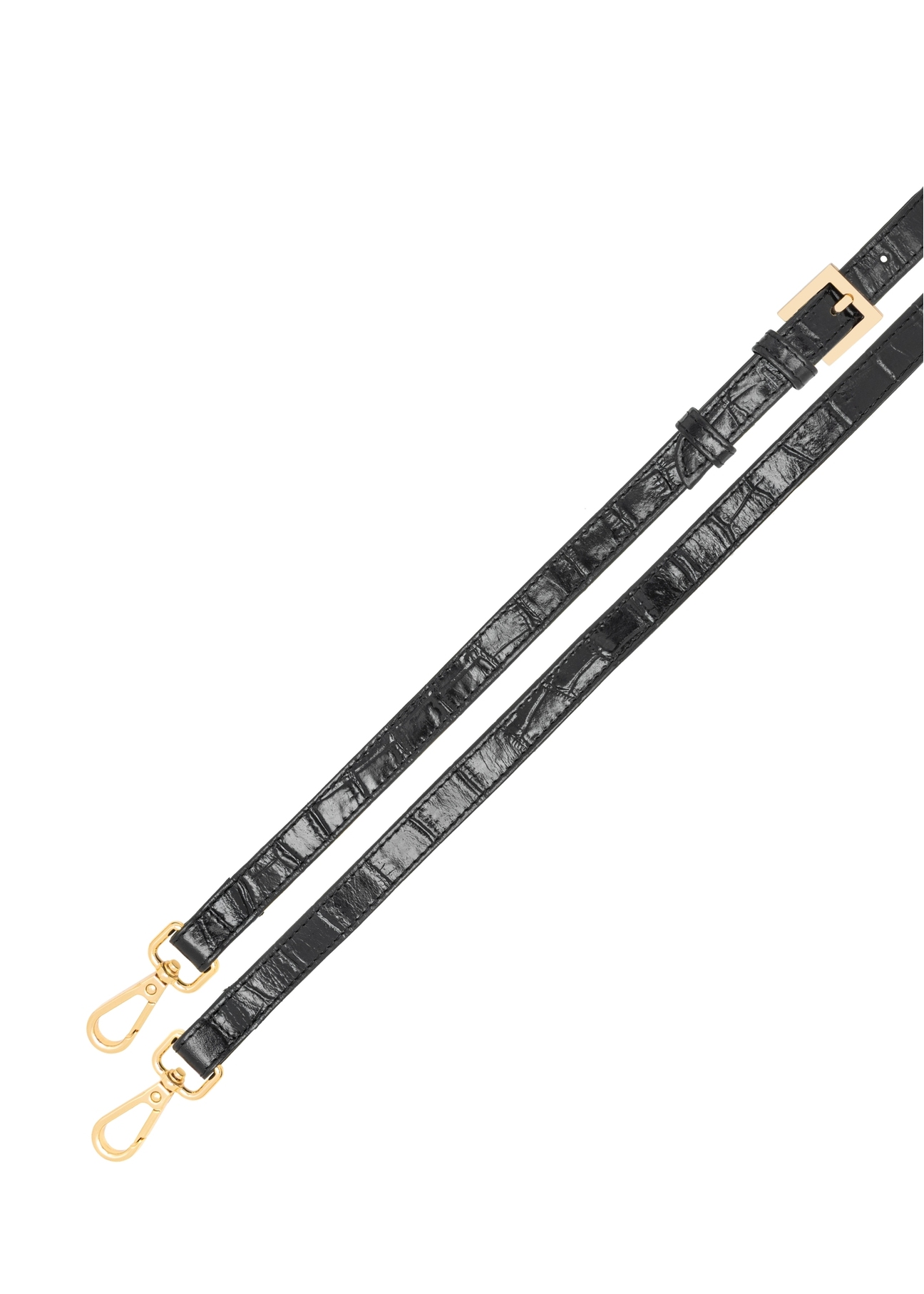 Čierna malá kabelka z krokodílej kože TORES-1233-9G(W26), detailný záber na odnímateľný popruh produktu, pohľad na bielom pozadí.