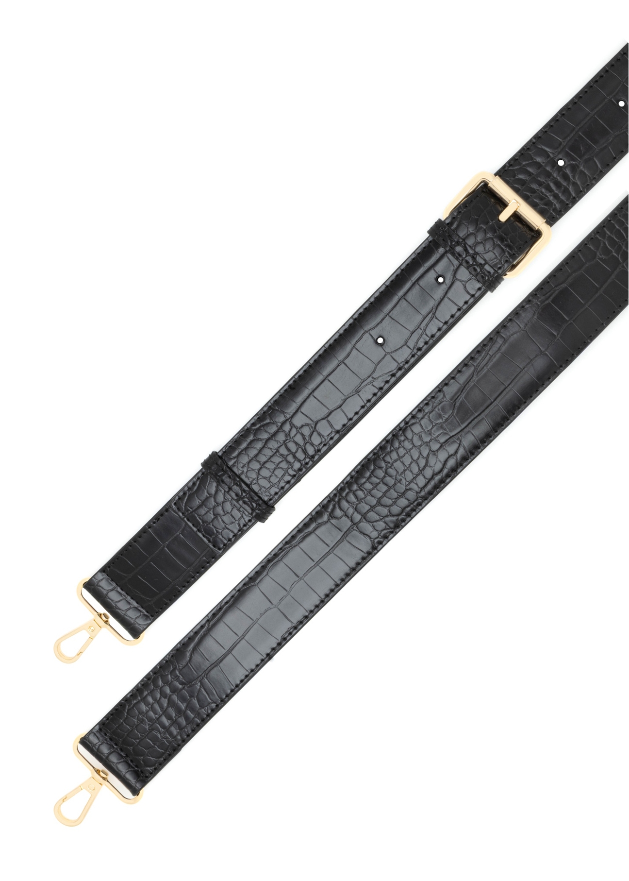 Čierna malá dámska kabelka z krokodílej kože TOREC-1172-9G(W26), pohľad na produkt s popruhom na bielom pozadí.