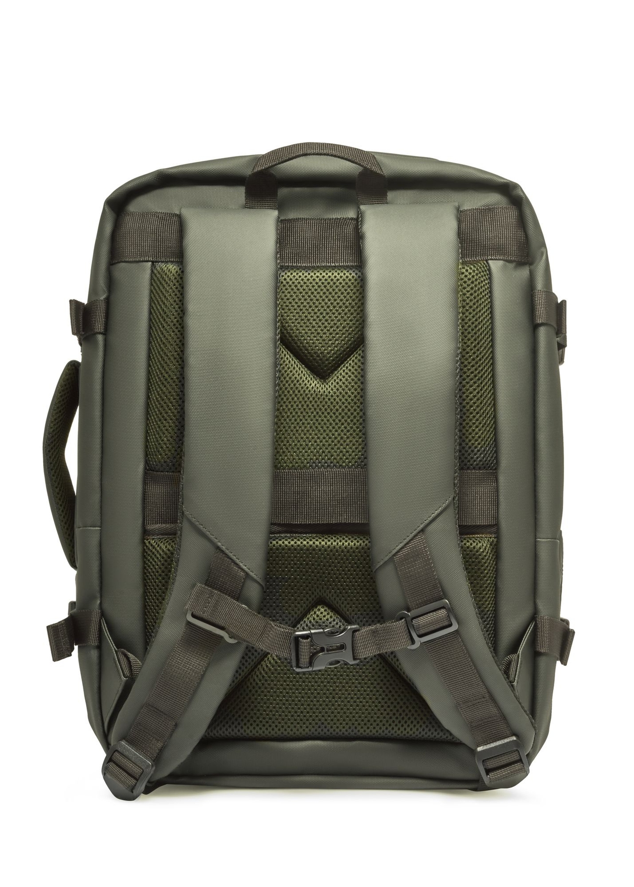 Veľký khaki cestovný batoh PLCMN-0018-8D(Z26) - pohľad na produkt zozadu, na bielom pozadí.
