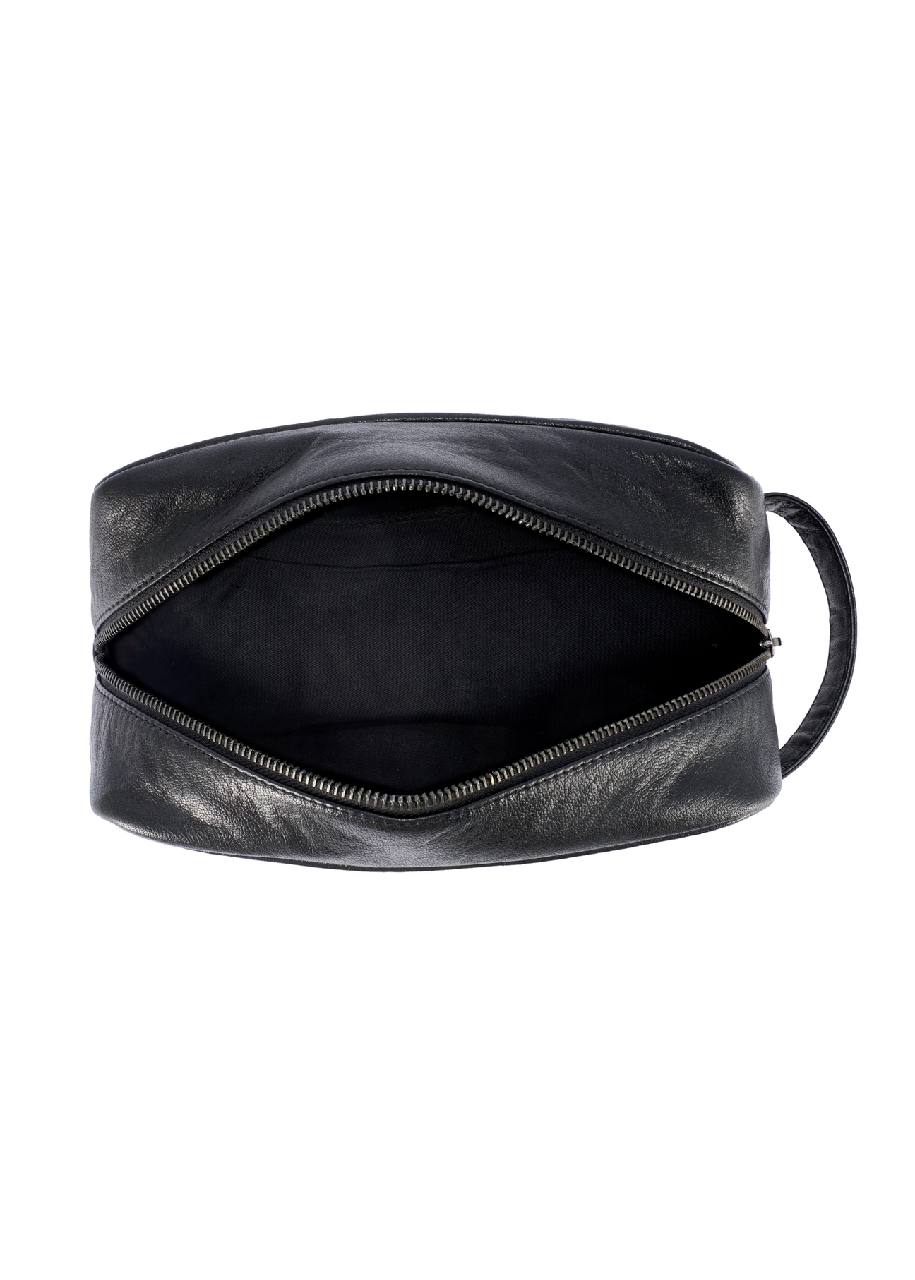 Čierna kožená pánska kozmetická taška TORMS-0490-99(W26), pohľad na produkt zvnútra na bielom pozadí.