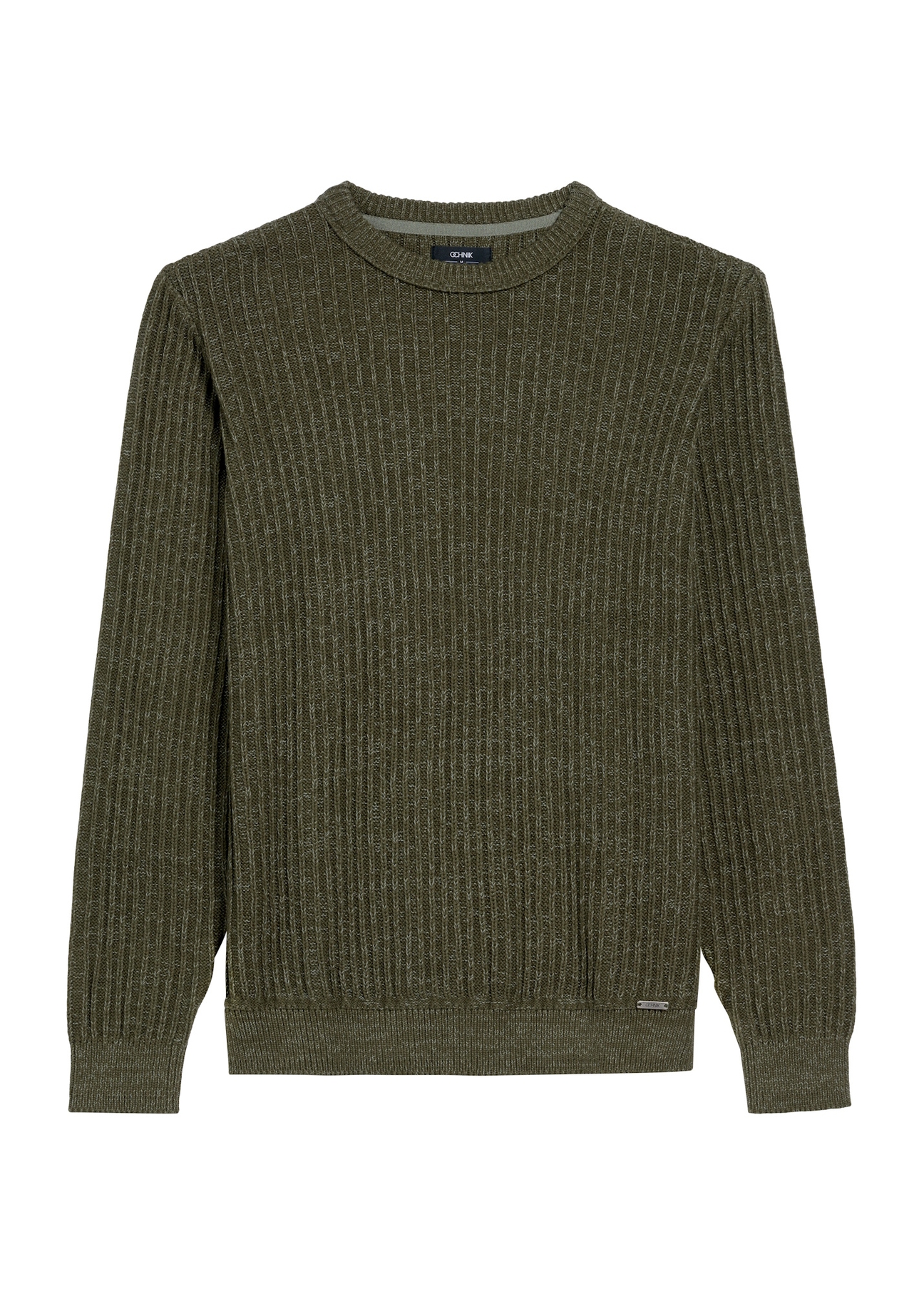 Pánsky khaki sveter SWEMT-0183-55(Z25), pohľad spredu na bielom pozadí.
