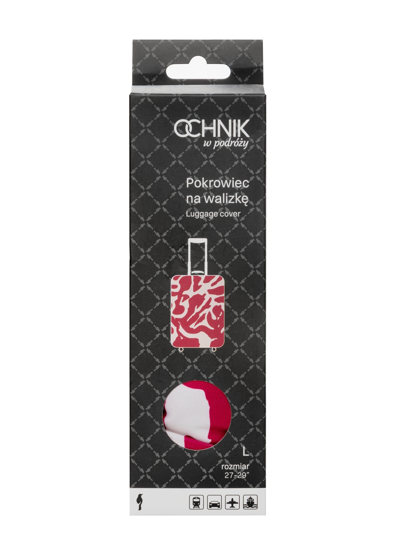 Ružový obal na stredný kufor AW-013-0007-5P-M(W26), pohľad spredu na produkt v balení.