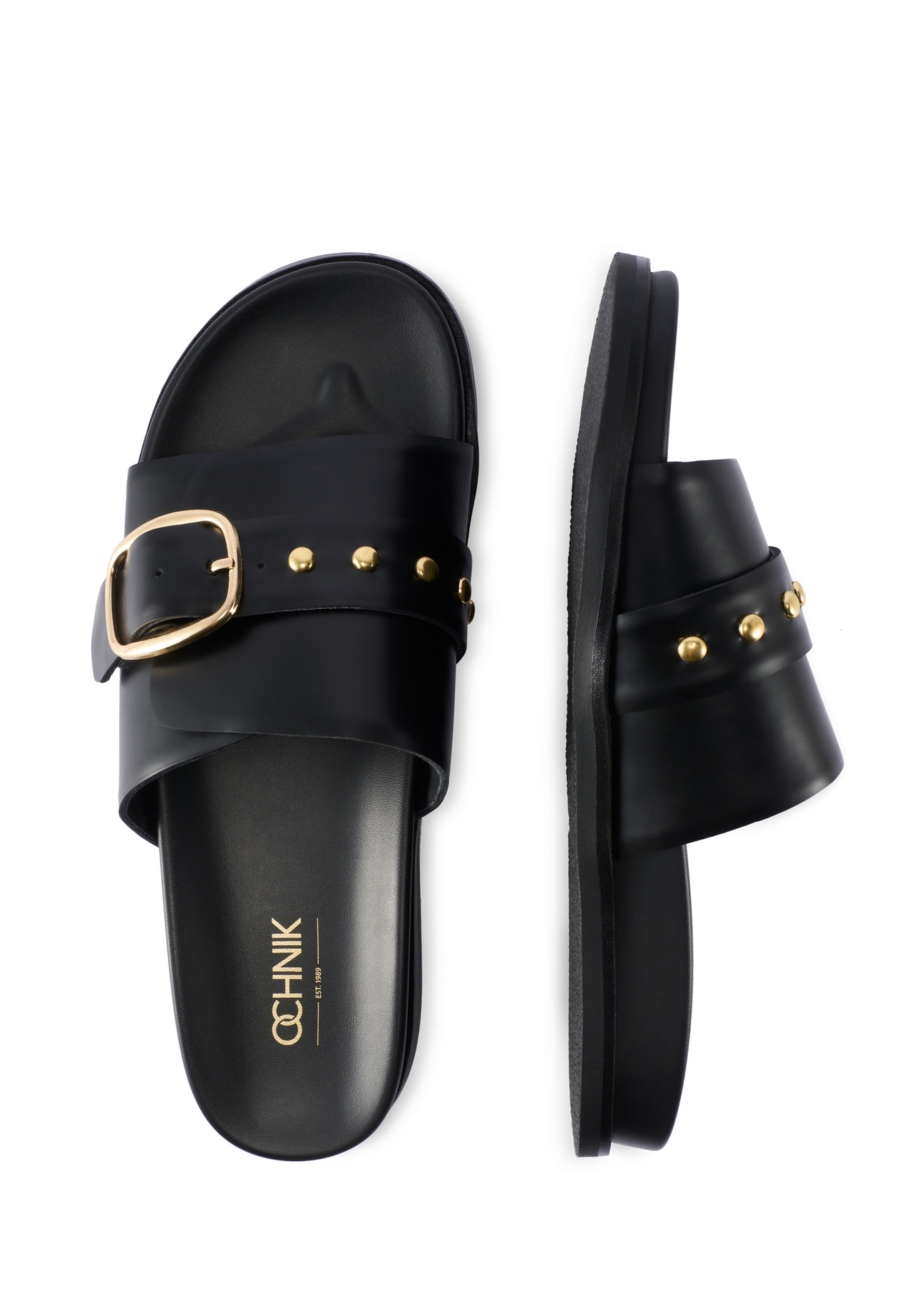 Dámske čierne kožené šľapky BUTYD-1269-99(W26), pohľad na produkt zhora na bielom pozadí.