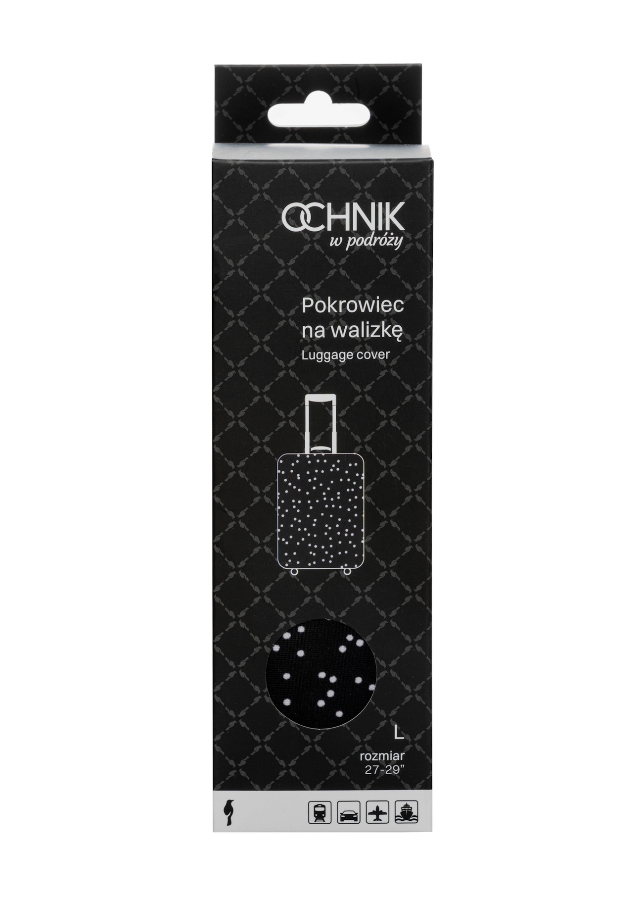 Veľký obal na kufor s bodkami AW-013-0007-9P-L(W26), pohľad spredu na výrobok v balení.