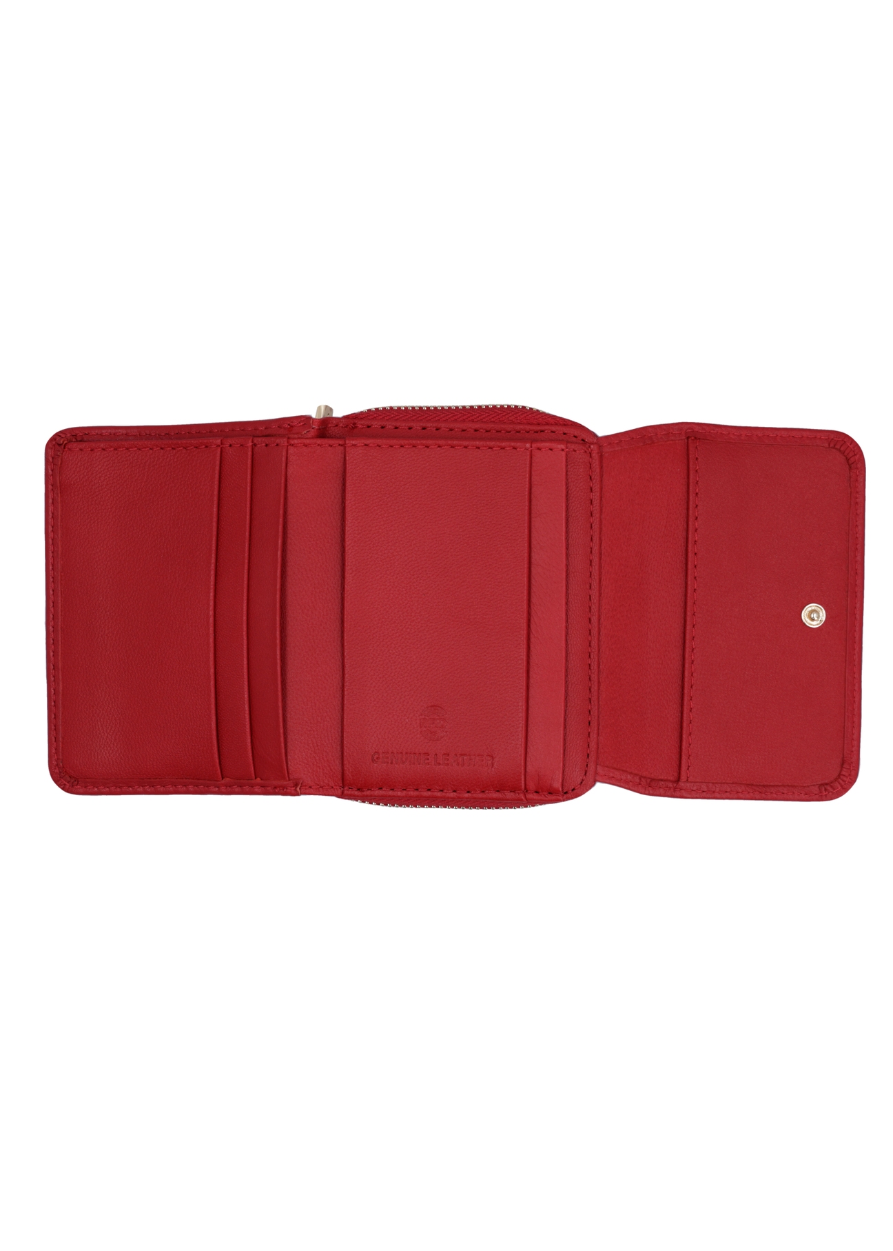 Dámska kožená peňaženka červenej farby s RFID ochranou PORES-0825RFID-4B(Z26), pohľad na produkt vo vnútri na bielom pozadí.
