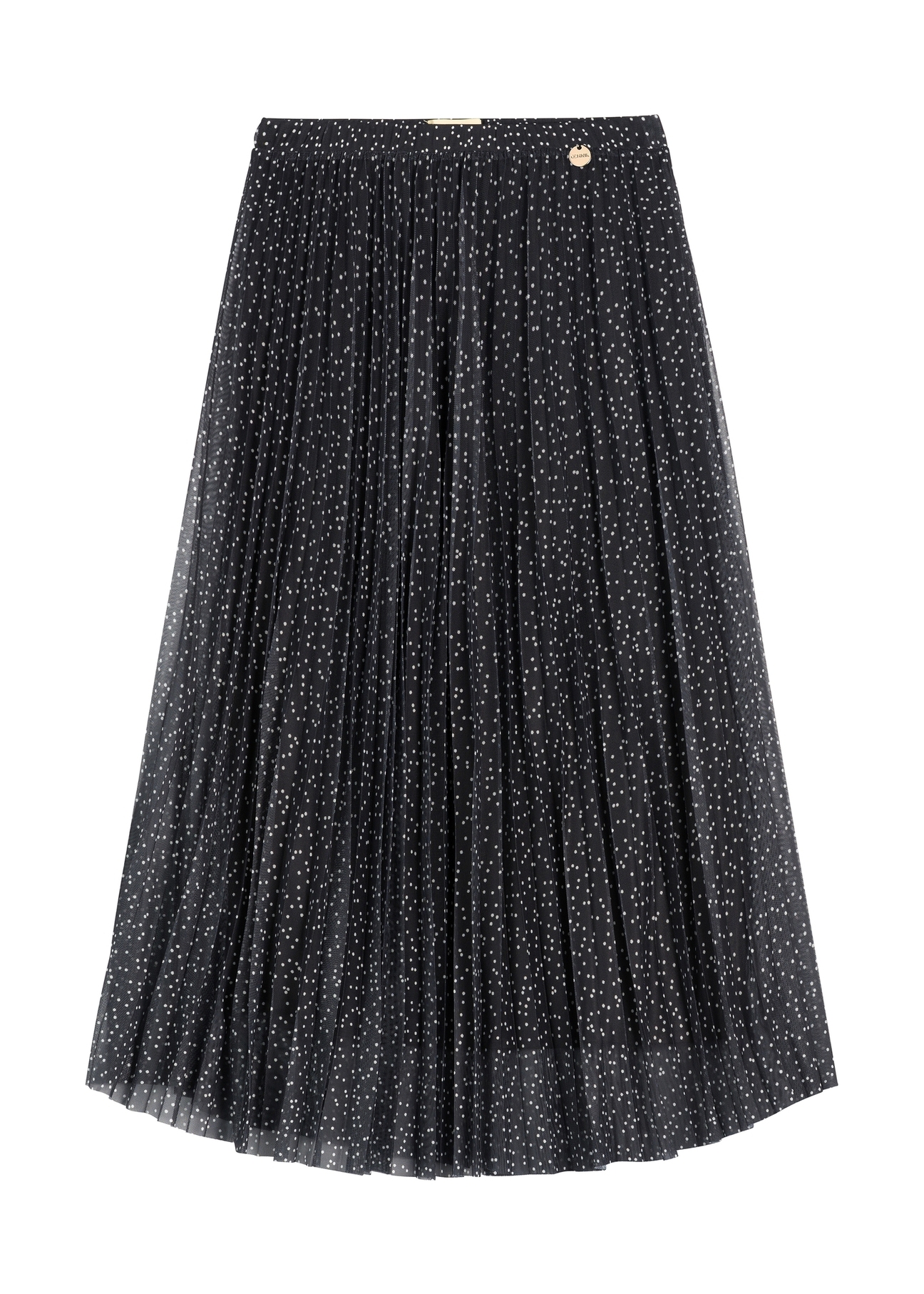 Bodkovaná skladaná midi sukňa SPCDT-0110-9P(W26) - pohľad spredu na produkt, na bielom pozadí.